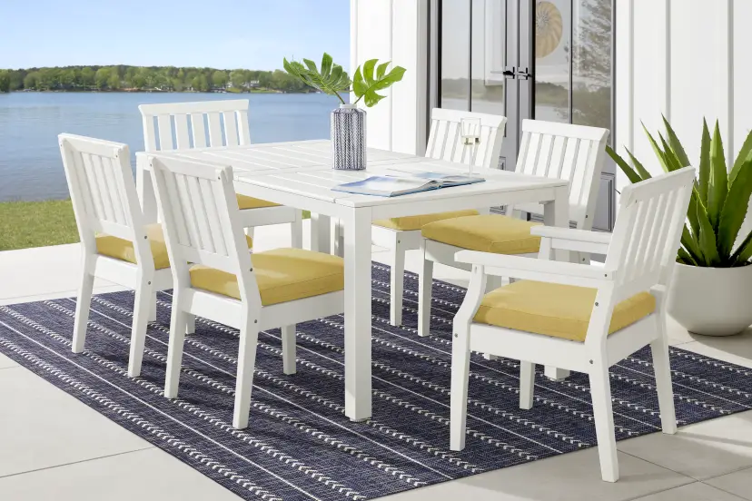 Eastlake White 7 Pc 71 in. Rectangle Outdoor Dining Set with Buttercup Cushions