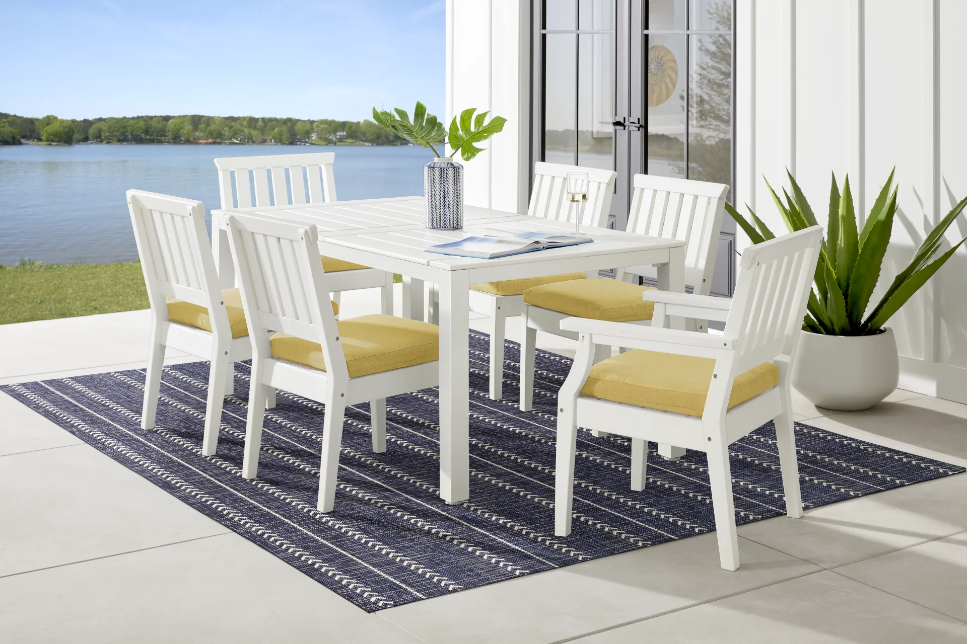 Eastlake White 7 Pc 71 in. Rectangle Outdoor Dining Set with Buttercup Cushions - Image 1