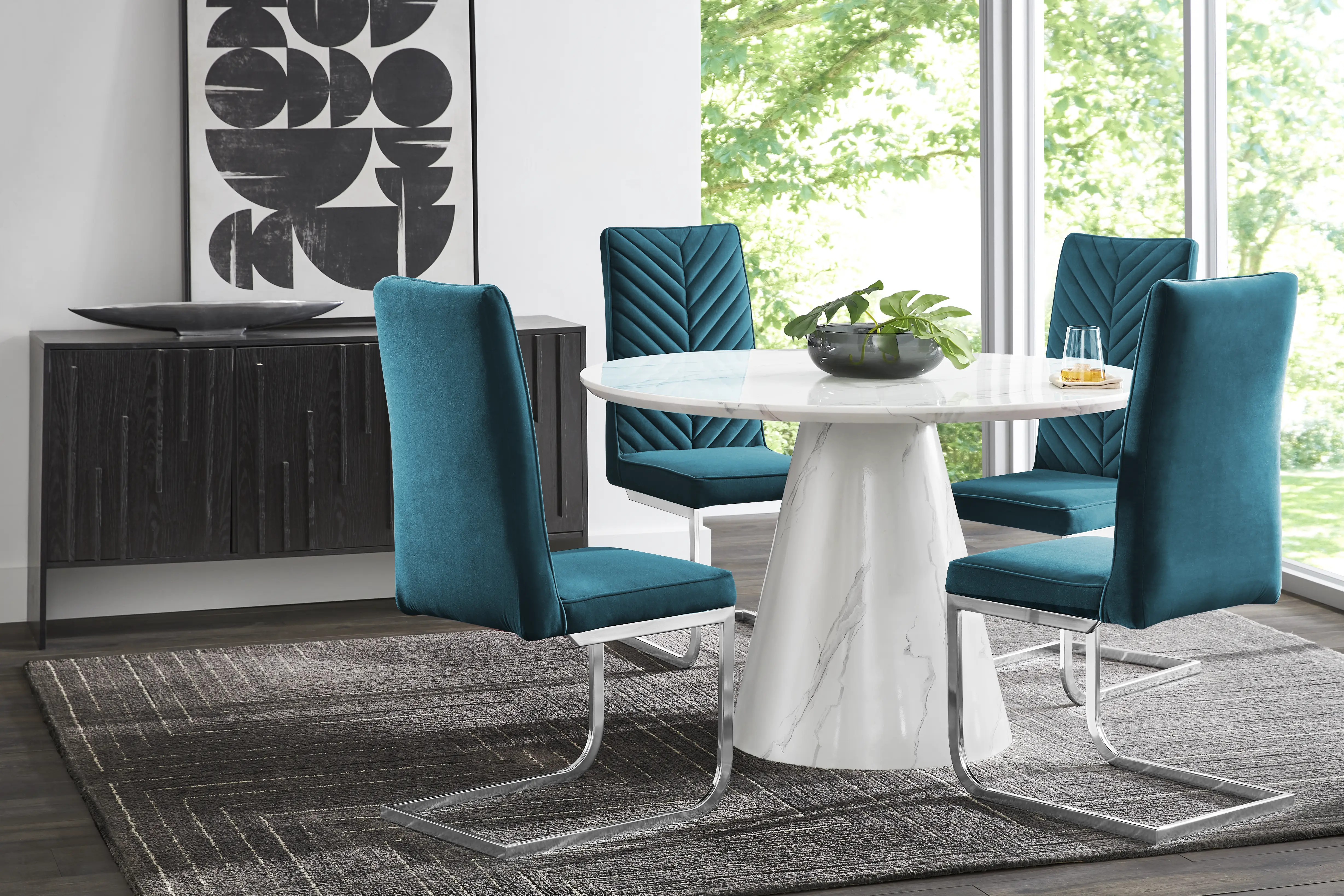 Orlena White 5 Pc Round Dining Room with Blue Side Chairs - Thumbnail - Image 1