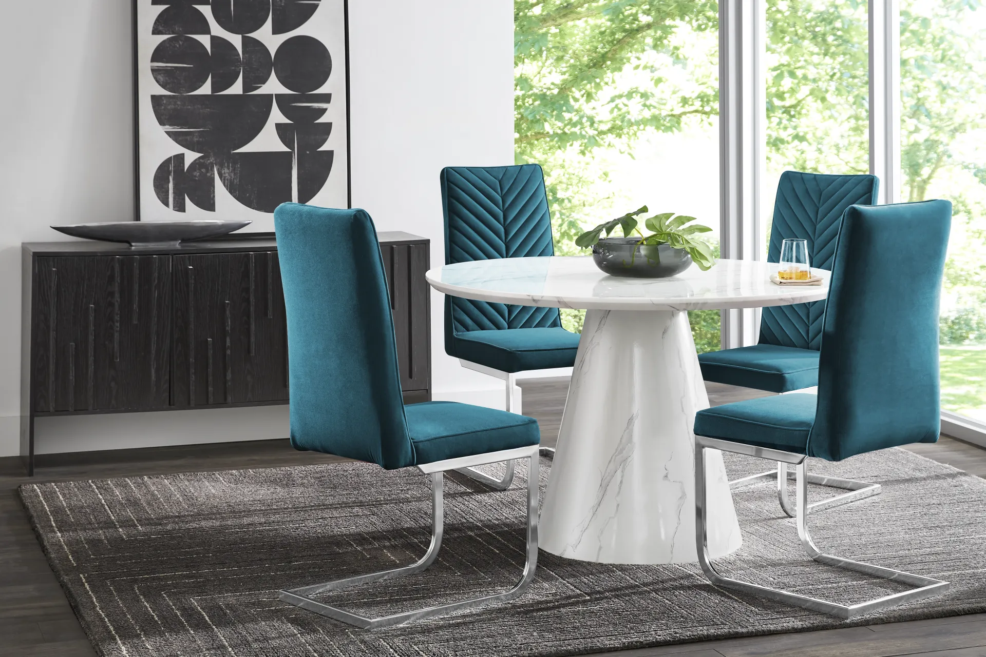 Orlena White 5 Pc Round Dining Room with Blue Side Chairs - Image 1