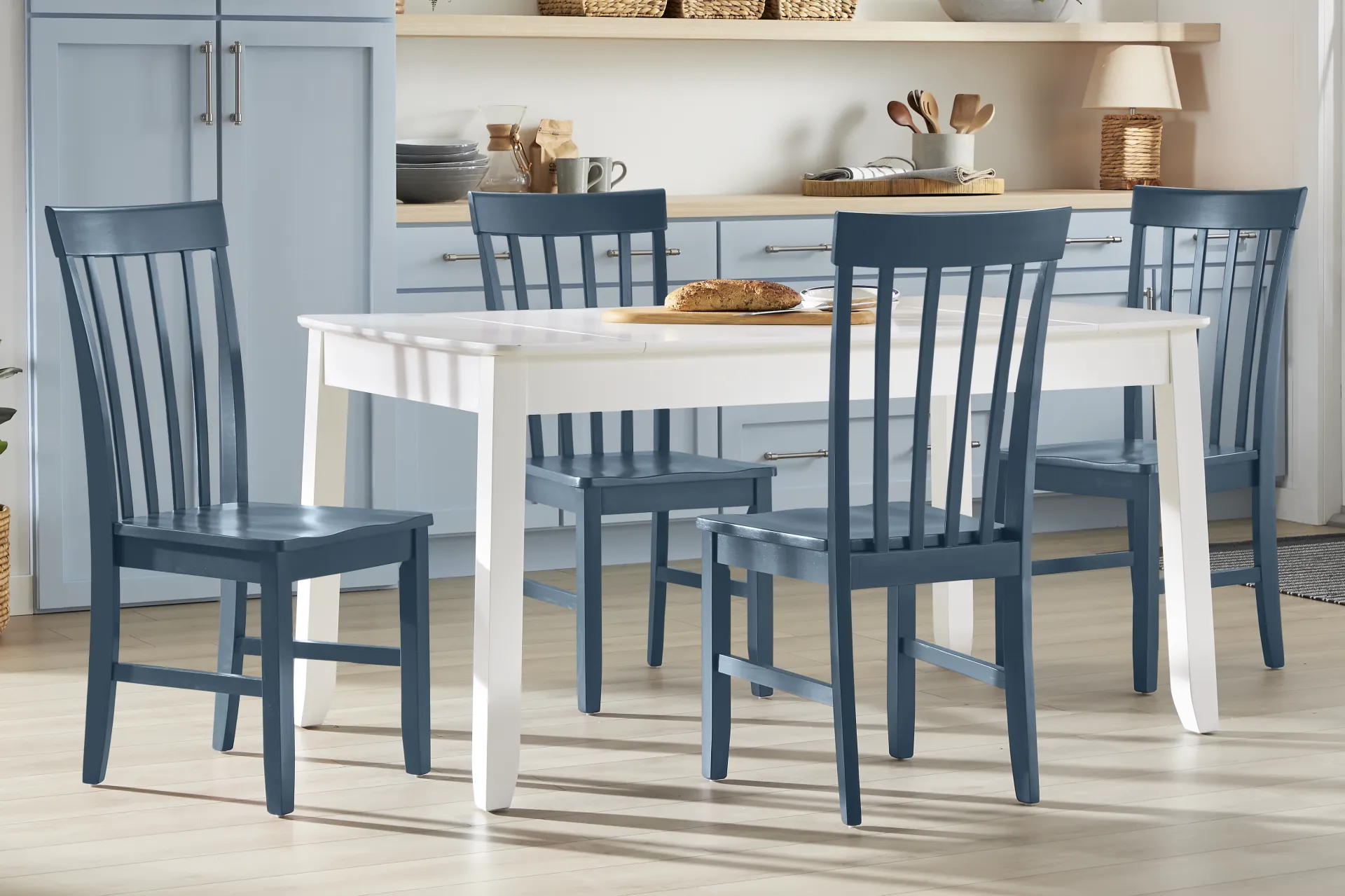 Concord White 5 Pc Storage Dining Room with Blue Slat Back Chairs - Image 1