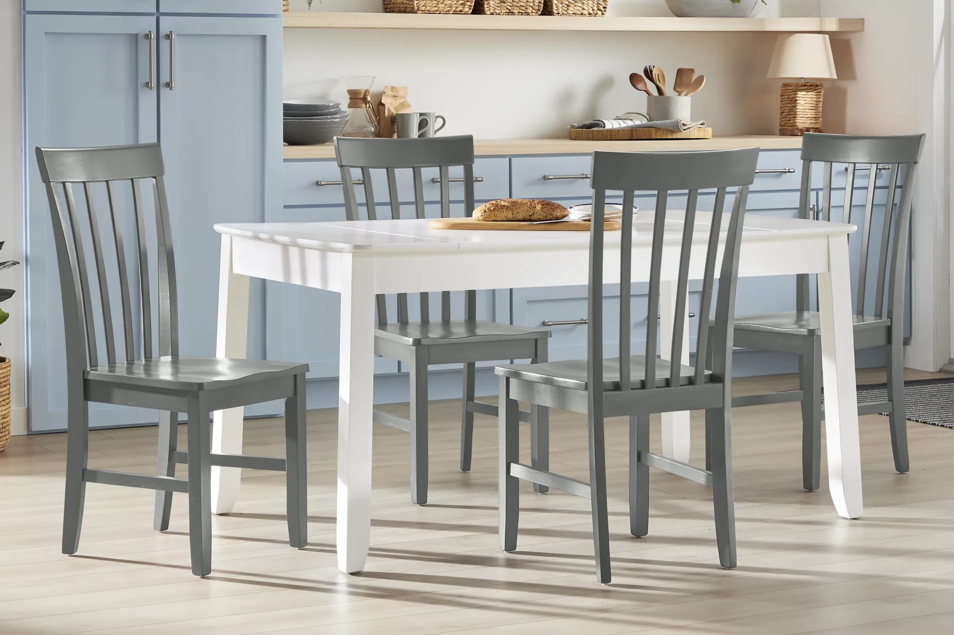 Concord White 5 Pc Storage Dining Room with Gray Slat Back Chairs - Image 1