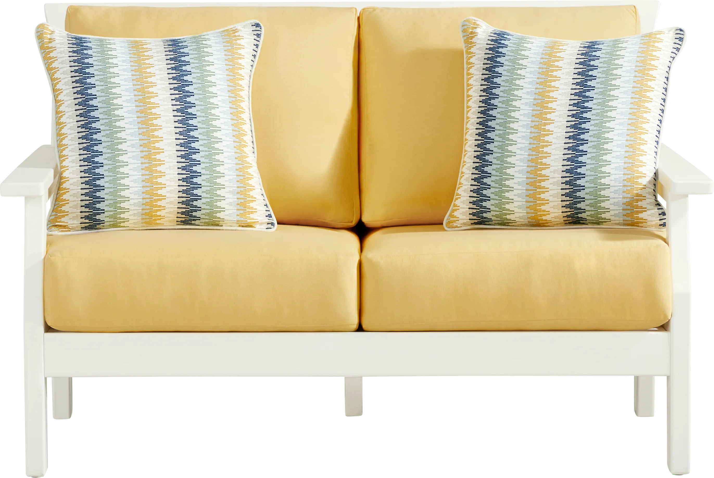 Eastlake White Outdoor Loveseat with Buttercup Cushions - Thumbnail - Image 1