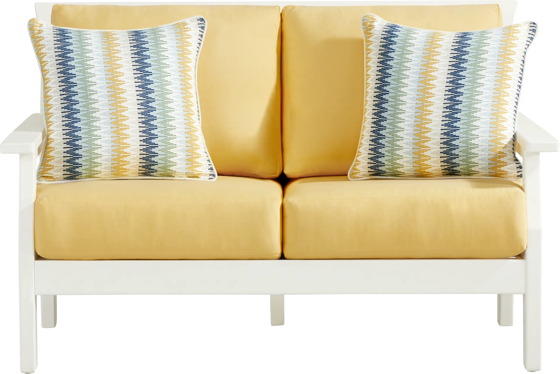 Eastlake White Outdoor Loveseat with Buttercup Cushions - Image 1