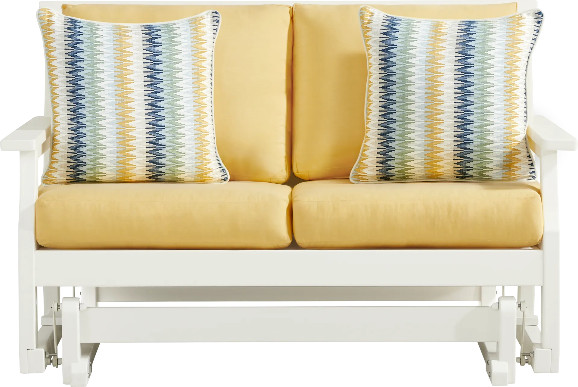 Eastlake White Outdoor Glider Loveseat with Buttercup Cushions - Image 1