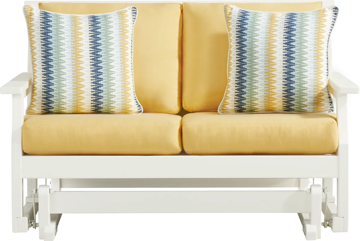Eastlake White Outdoor Glider Loveseat with Buttercup Cushions