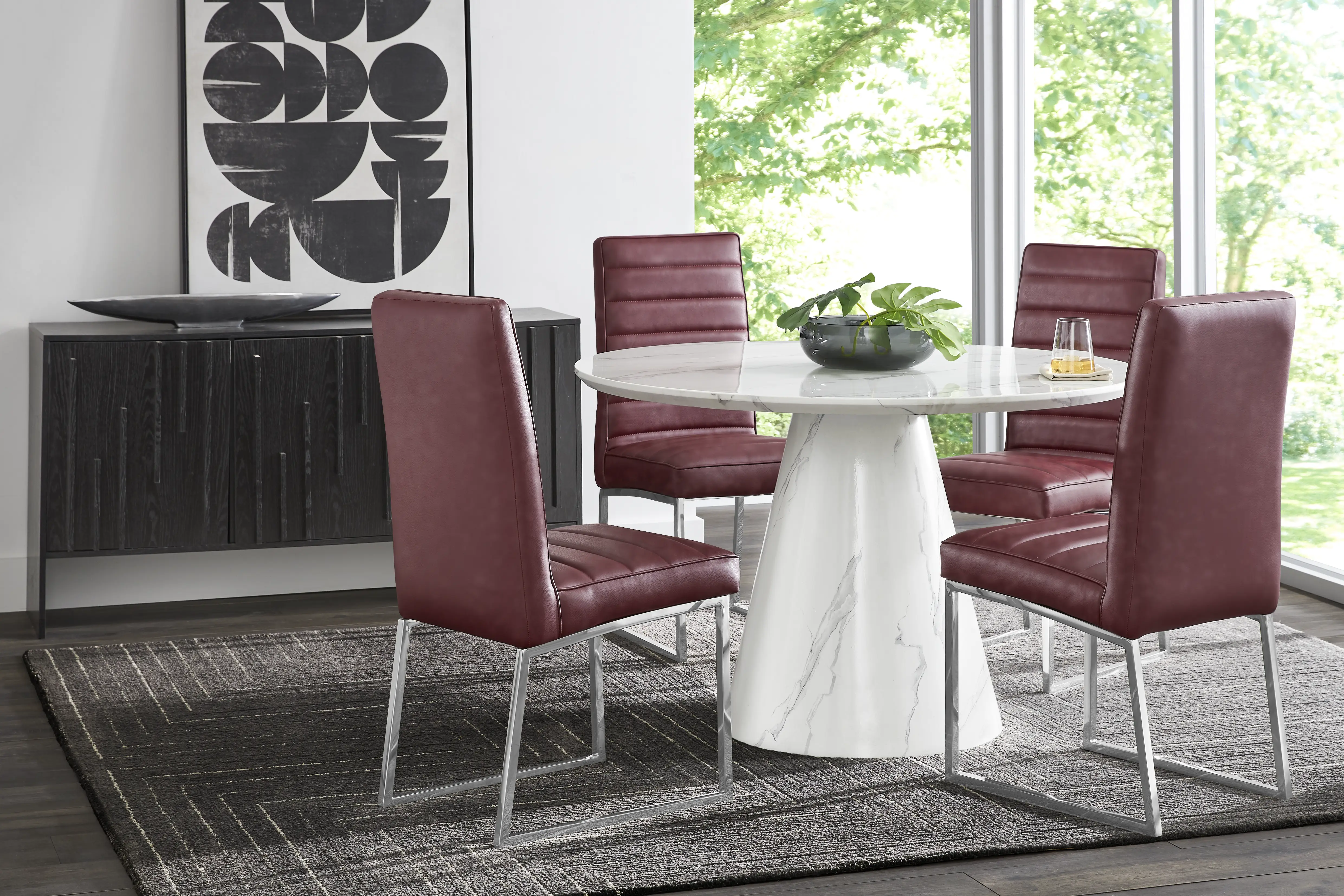 Orlena White 5 Pc Round Dining Room with Bordeaux Side Chairs - Thumbnail - Image 1