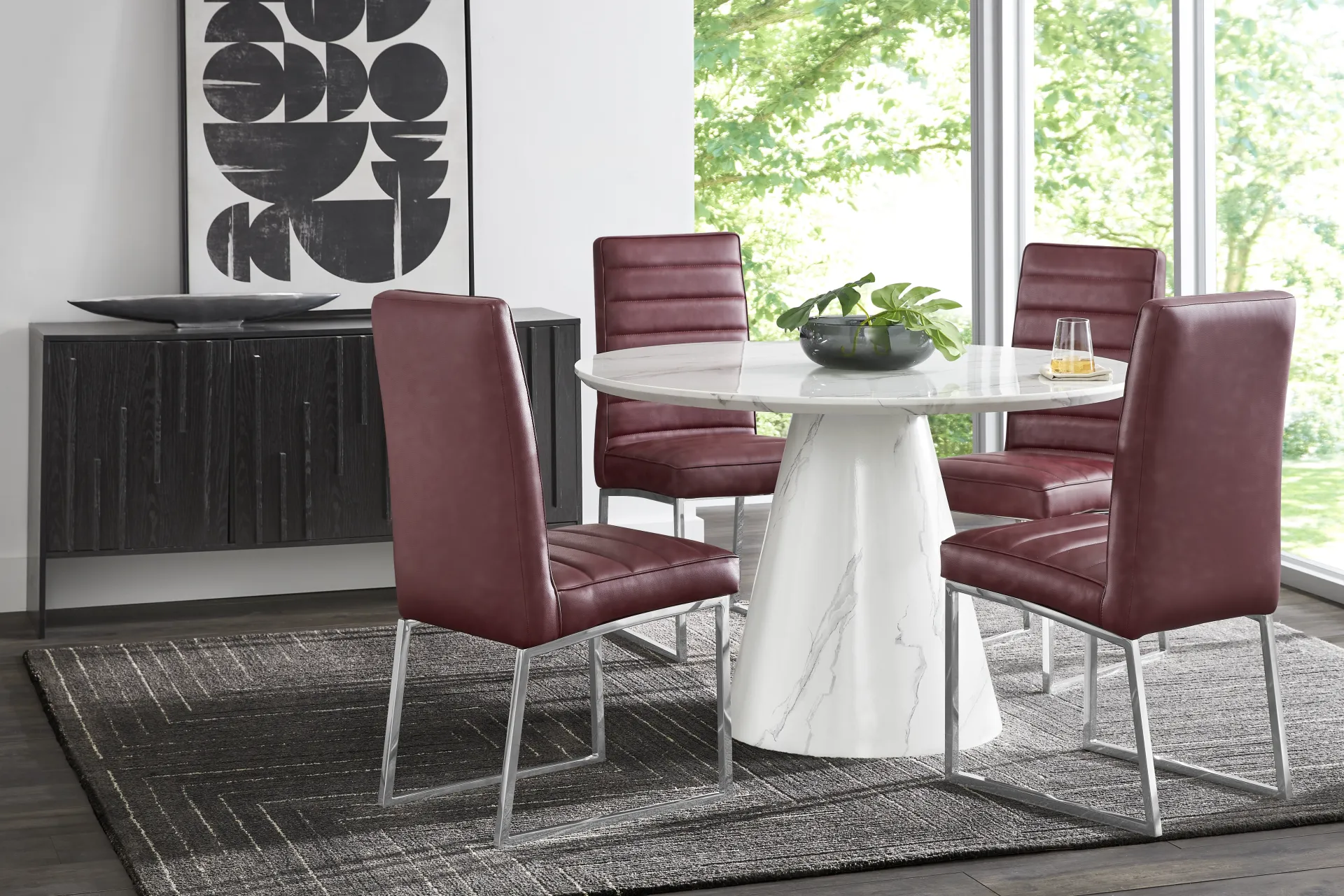 Orlena White 5 Pc Round Dining Room with Bordeaux Side Chairs - Image 1
