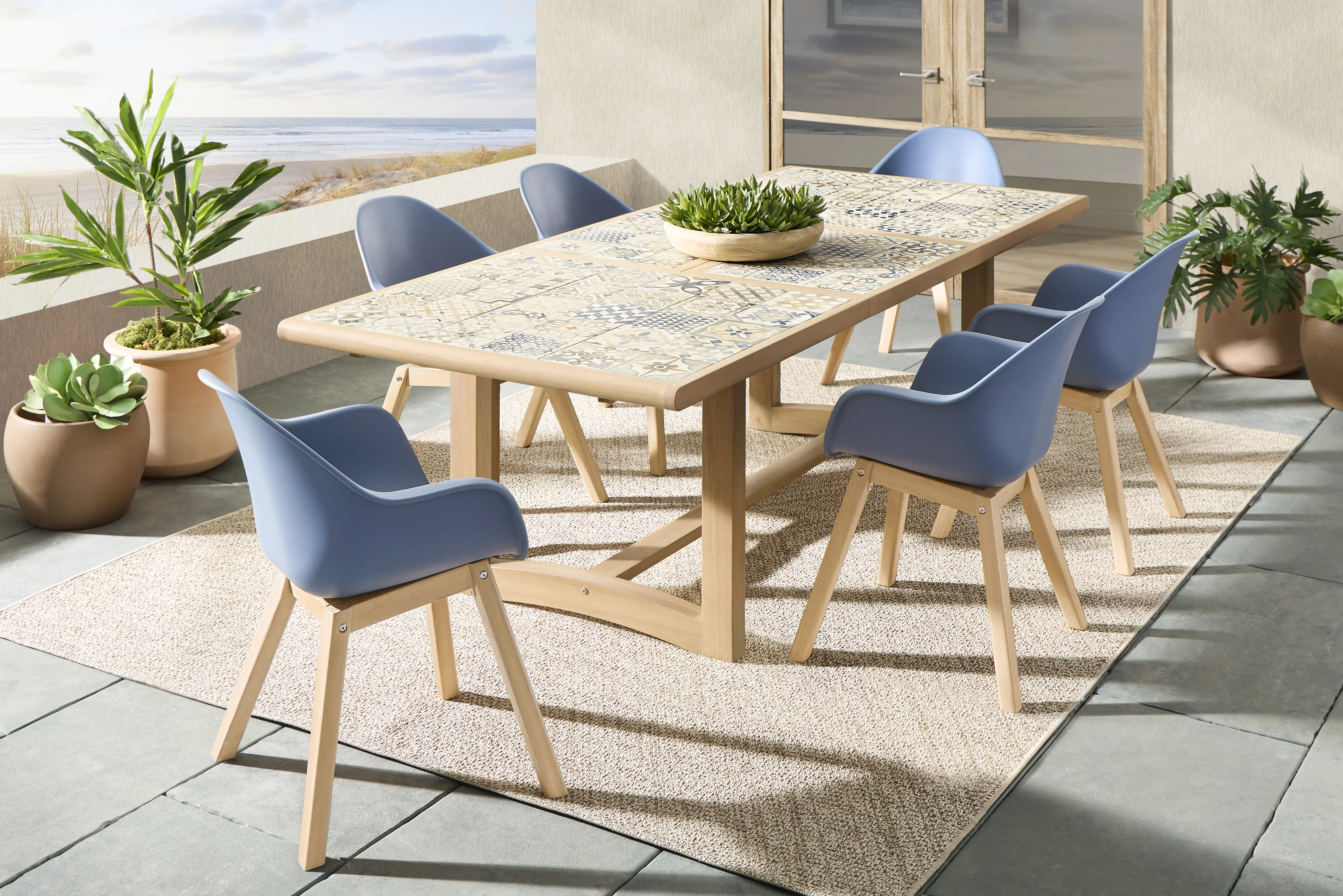 Casa Villa Multi 7 Pc Outdoor Extension Dining Set with Blue Chairs - Thumbnail - Image 1