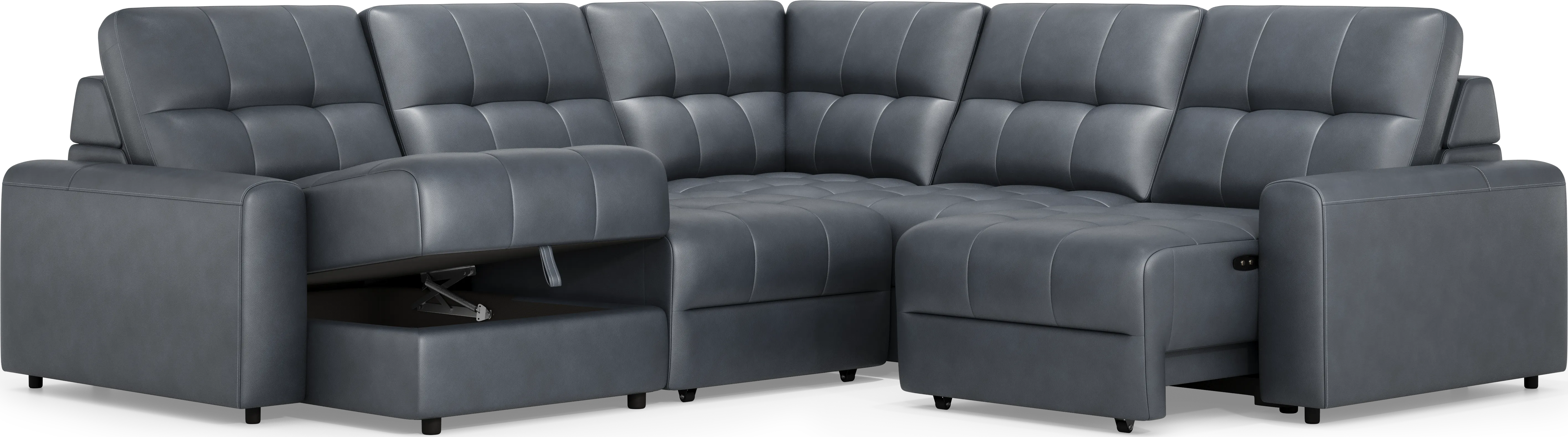 Meriwether Slate Blue Leather 5 Pc Power Slider Sectional - Thumbnail - Image 1
