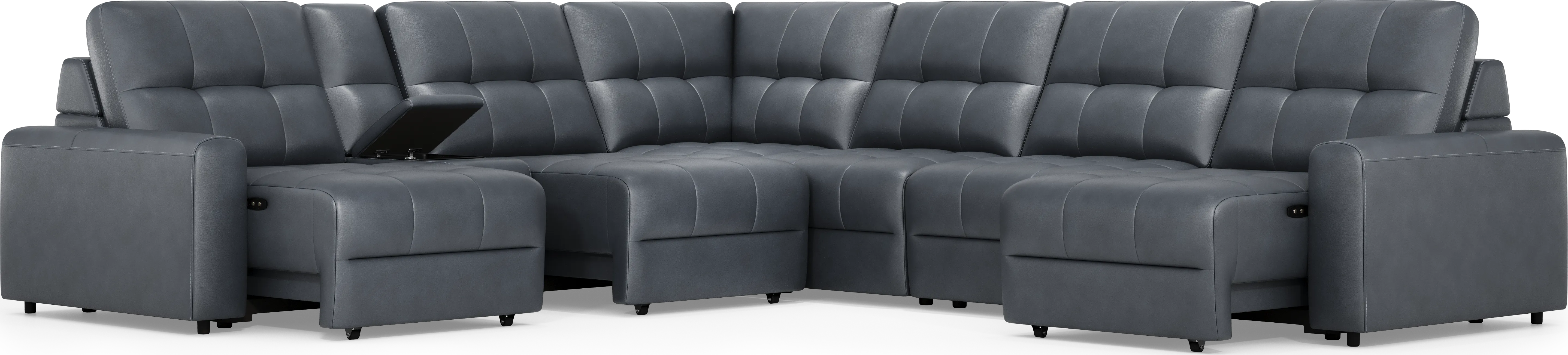 Meriwether Slate Blue Leather 7 Pc Power Slider Sectional - Thumbnail - Image 1