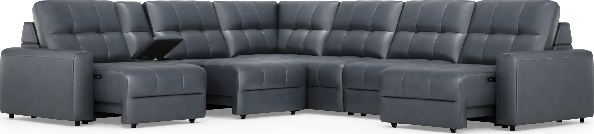 Meriwether Slate Blue Leather 7 Pc Power Slider Sectional - Image 1