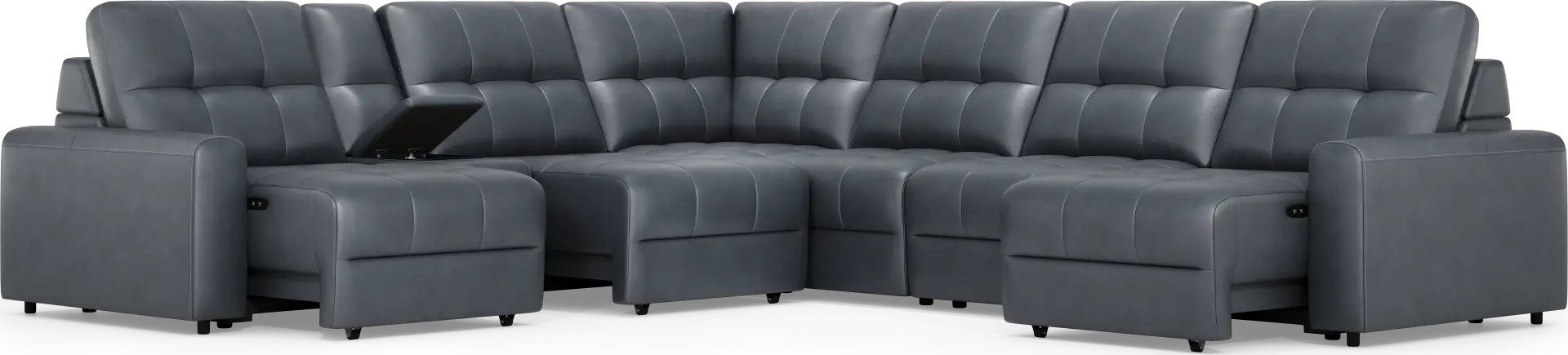 Meriwether Slate Blue Leather 7 Pc Power Slider Sectional