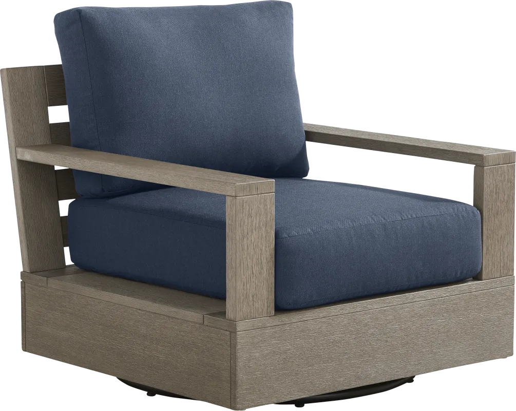 Lake Tahoe Gray Outdoor Swivel Chair with Indigo Pillows