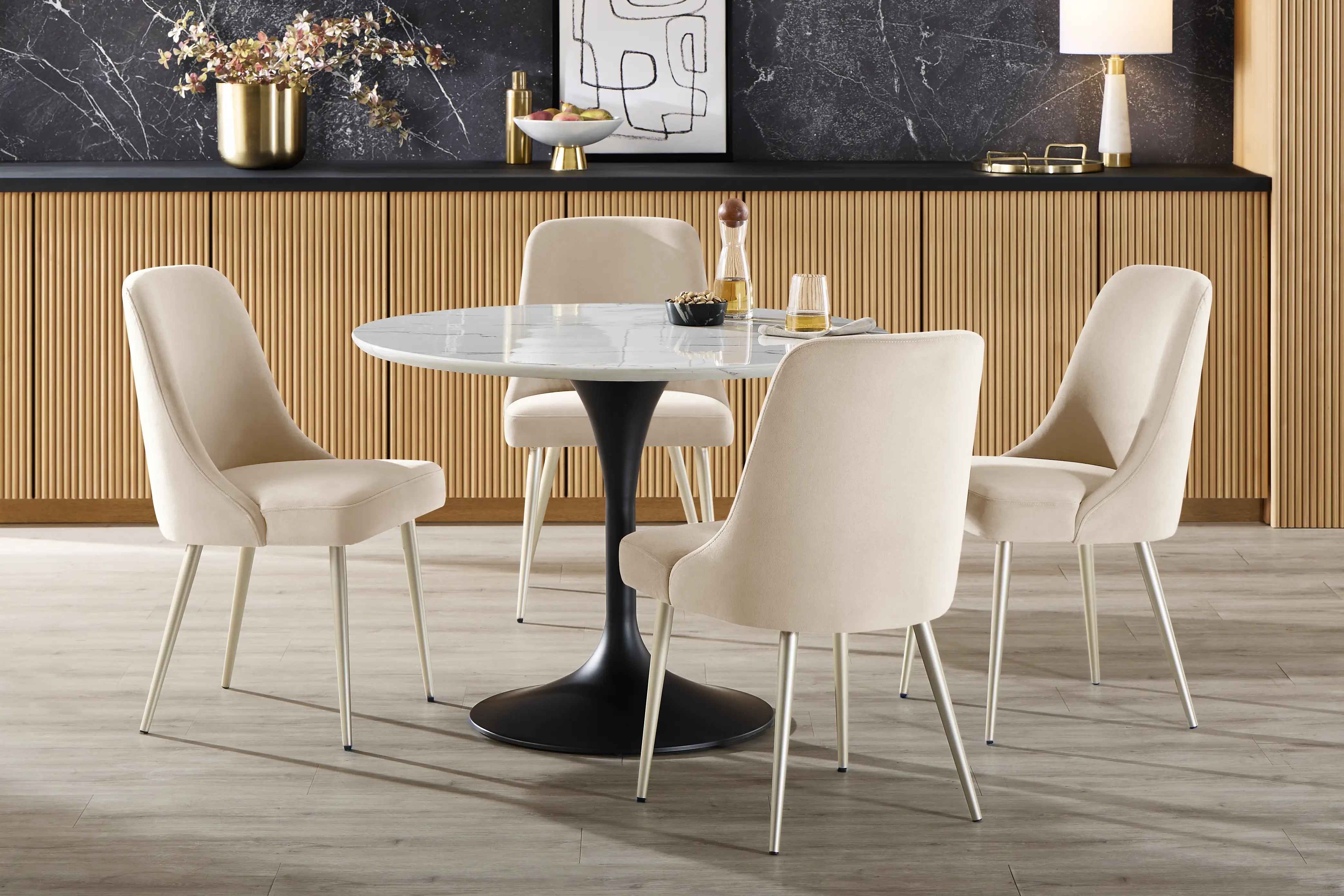 Eris White and Black 5 Pc Dining Room with Beige Chairs - Thumbnail - Image 1