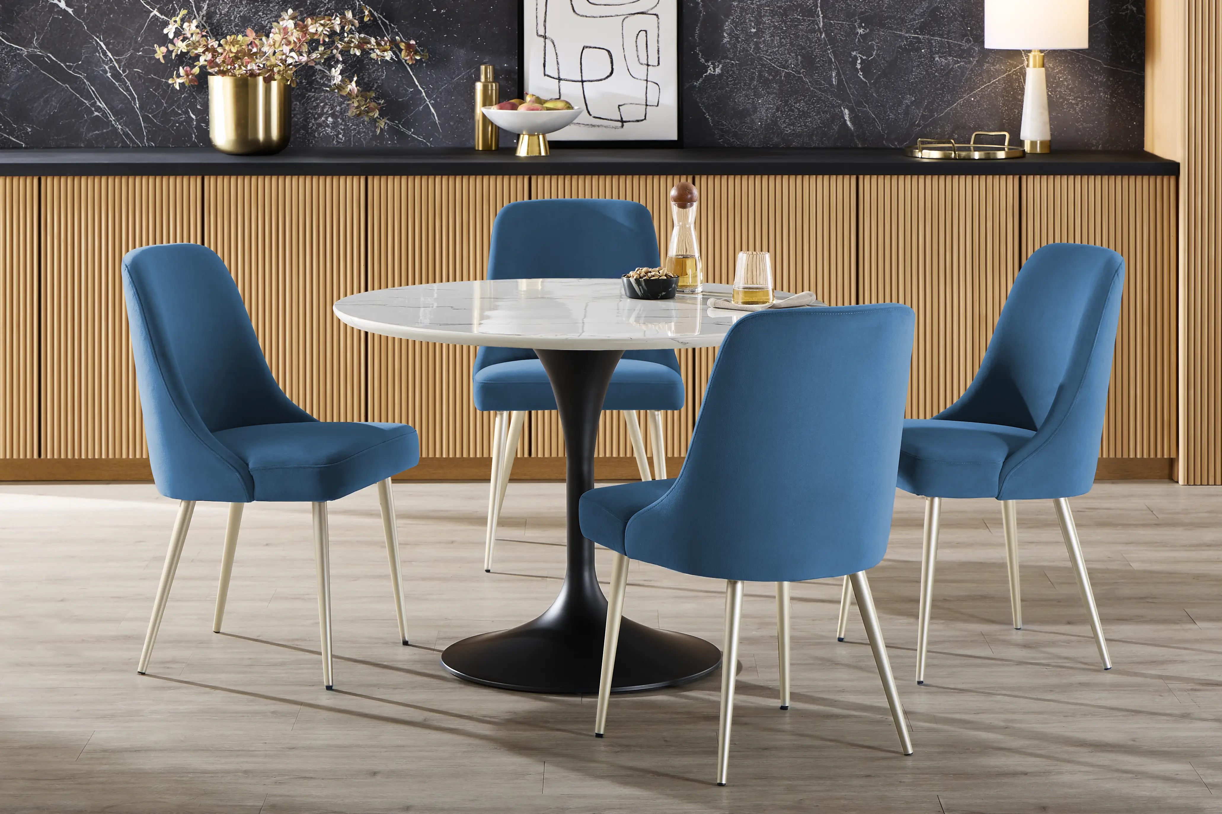 Eris White and Black 5 Pc Dining Room with Blue Chairs - Thumbnail - Image 1