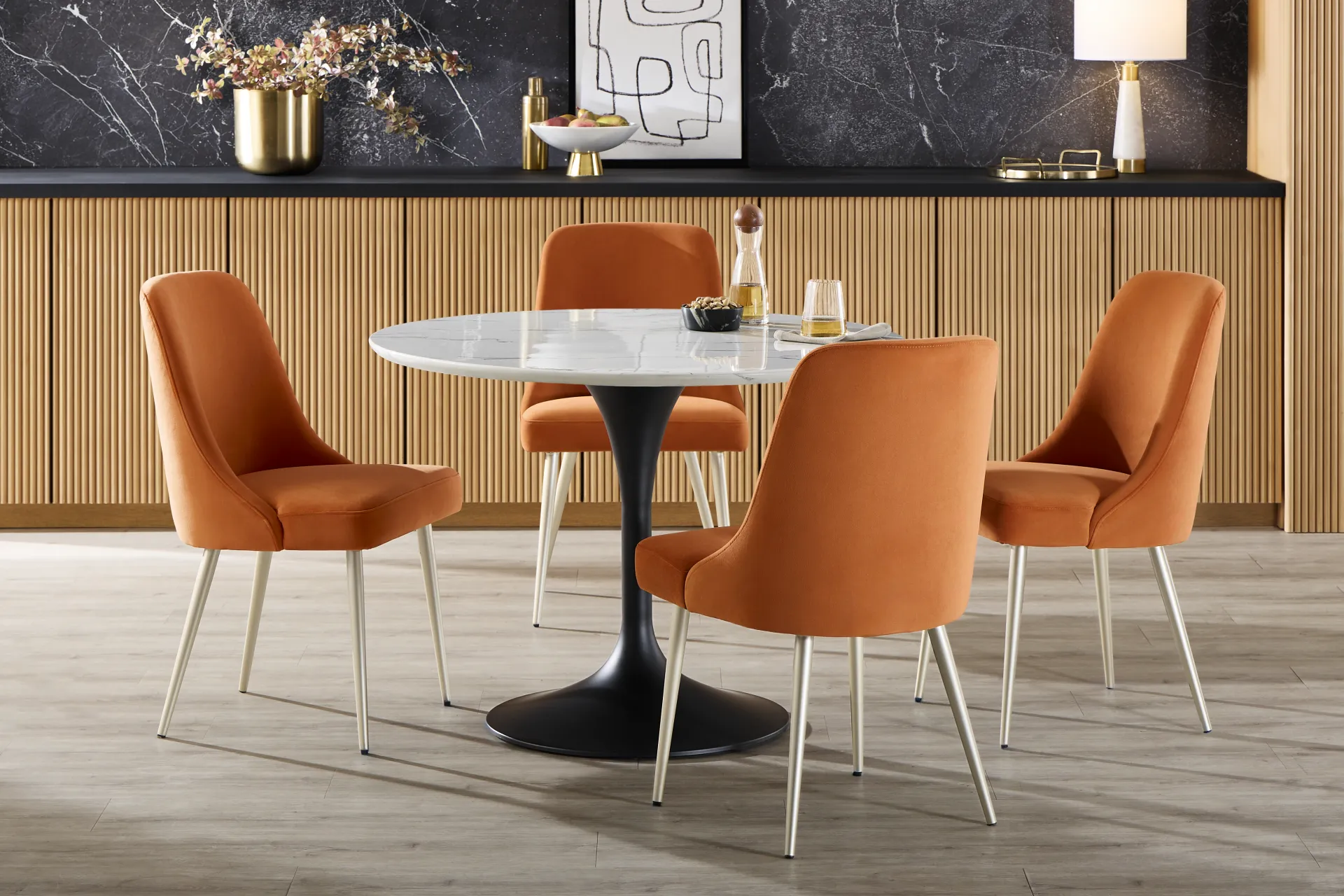 Eris White and Black 5 Pc Dining Room with Orange Chairs - Image 1