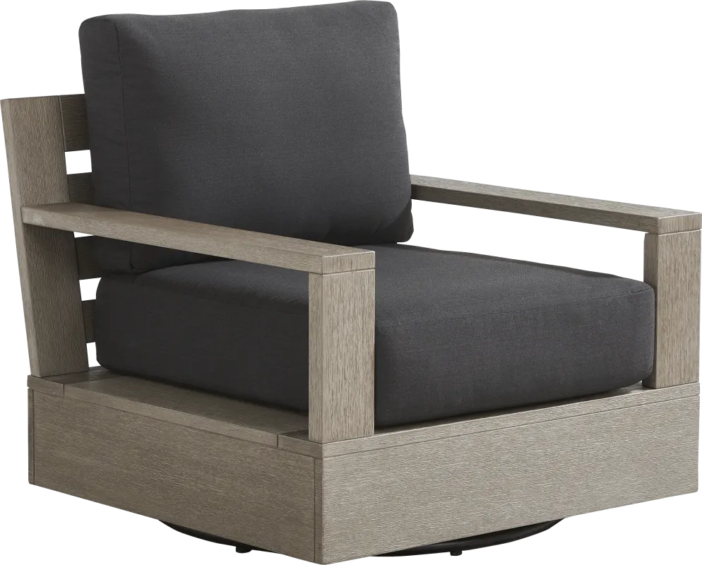 Lake Tahoe Gray Outdoor Swivel Chair with Charcoal Pillows