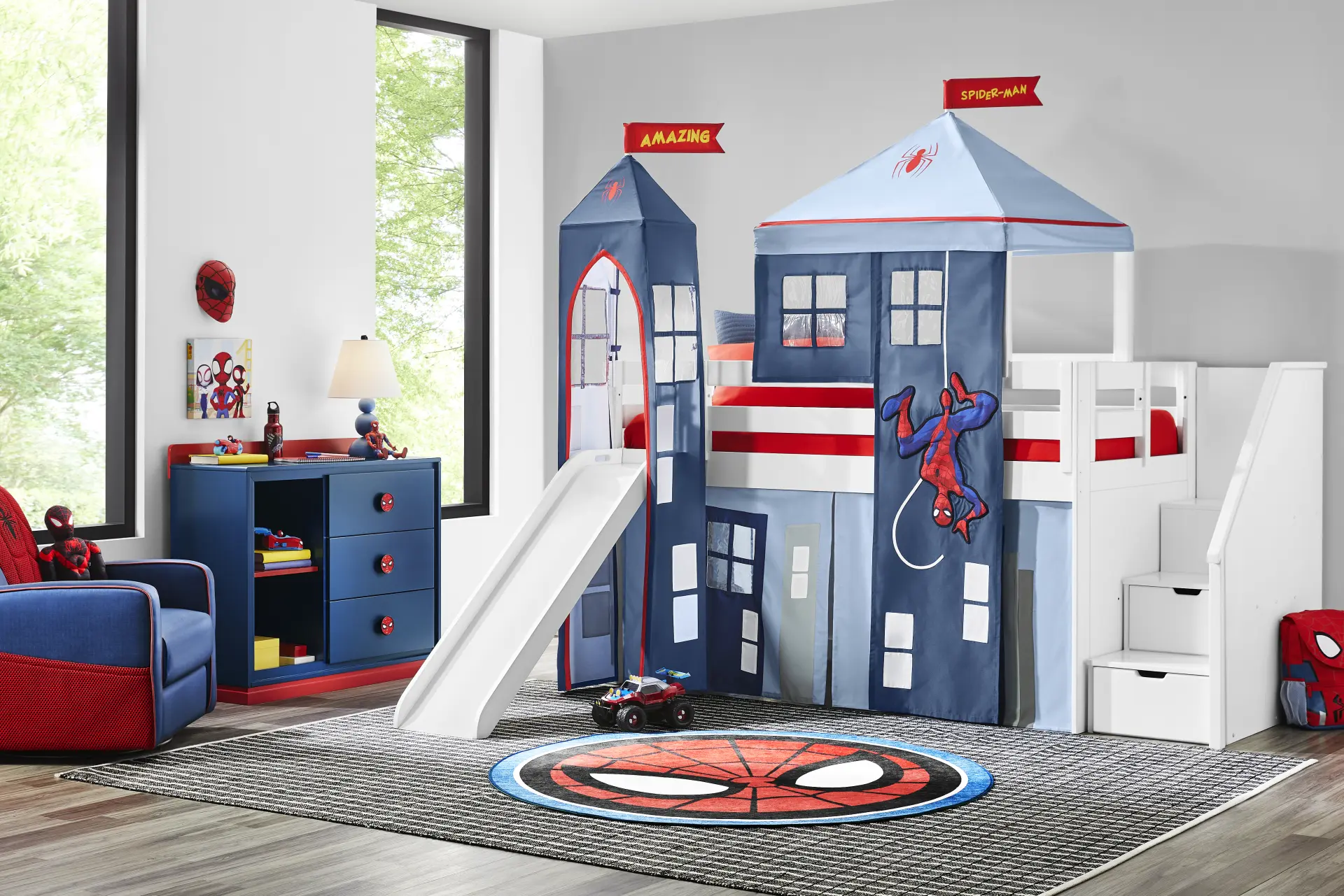 Spider-Man White Twin Low Step Loft with Slide, Tent & Tower