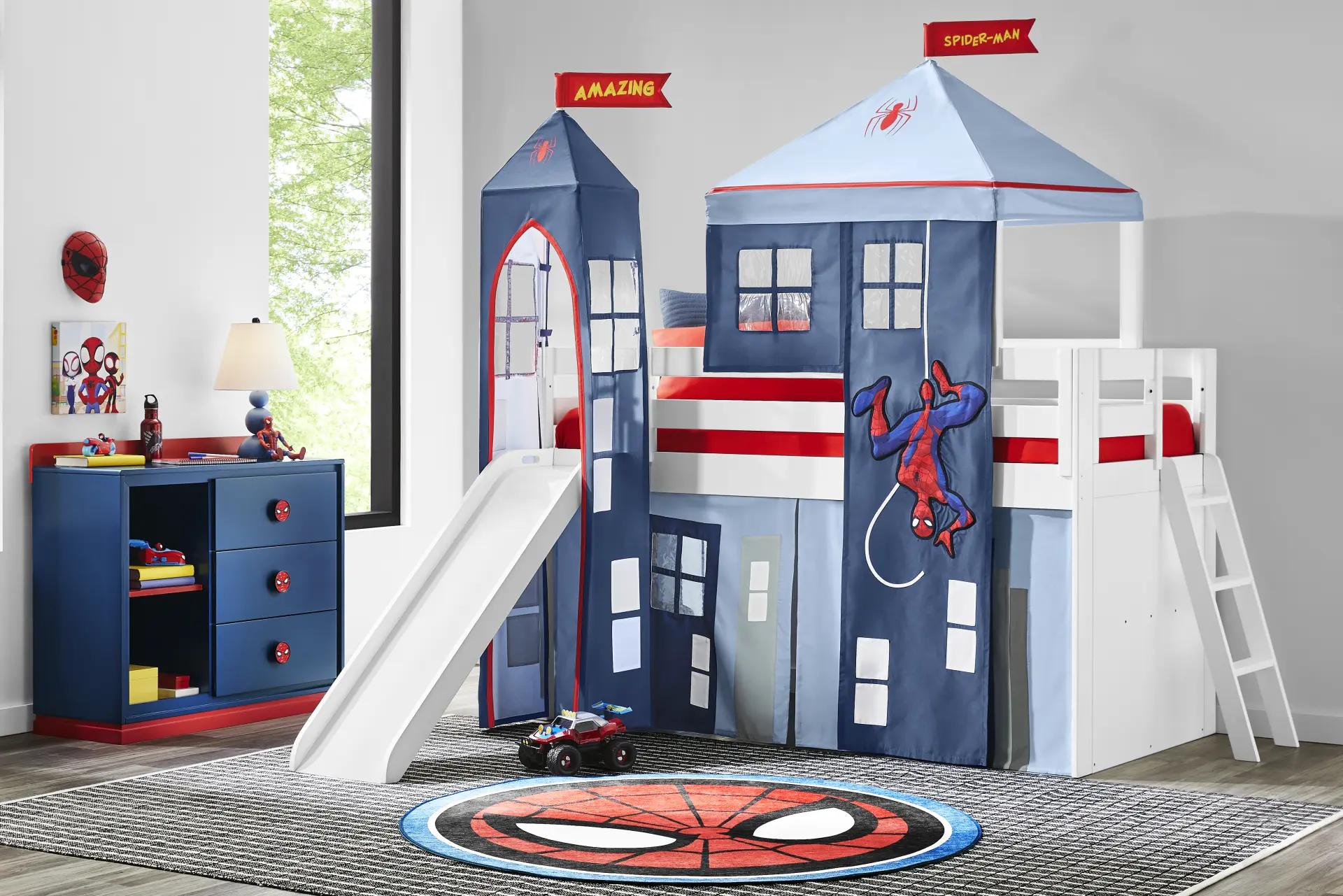 Spider-Man White Twin Low Loft with Activity Panel, Tent & Tower