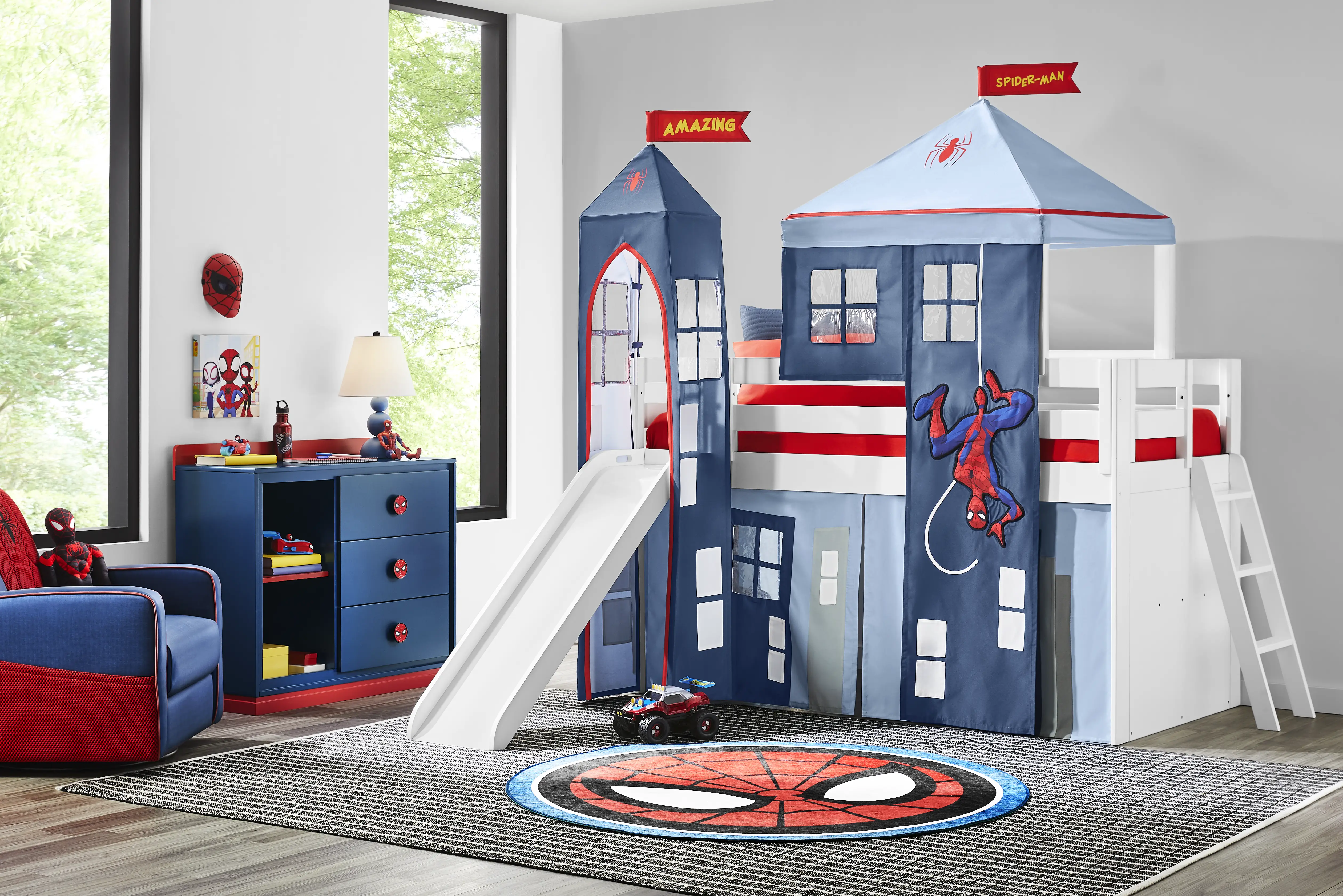 Spider-Man White Twin Low Loft with Slide, Tent & Tower - Thumbnail - Image 1