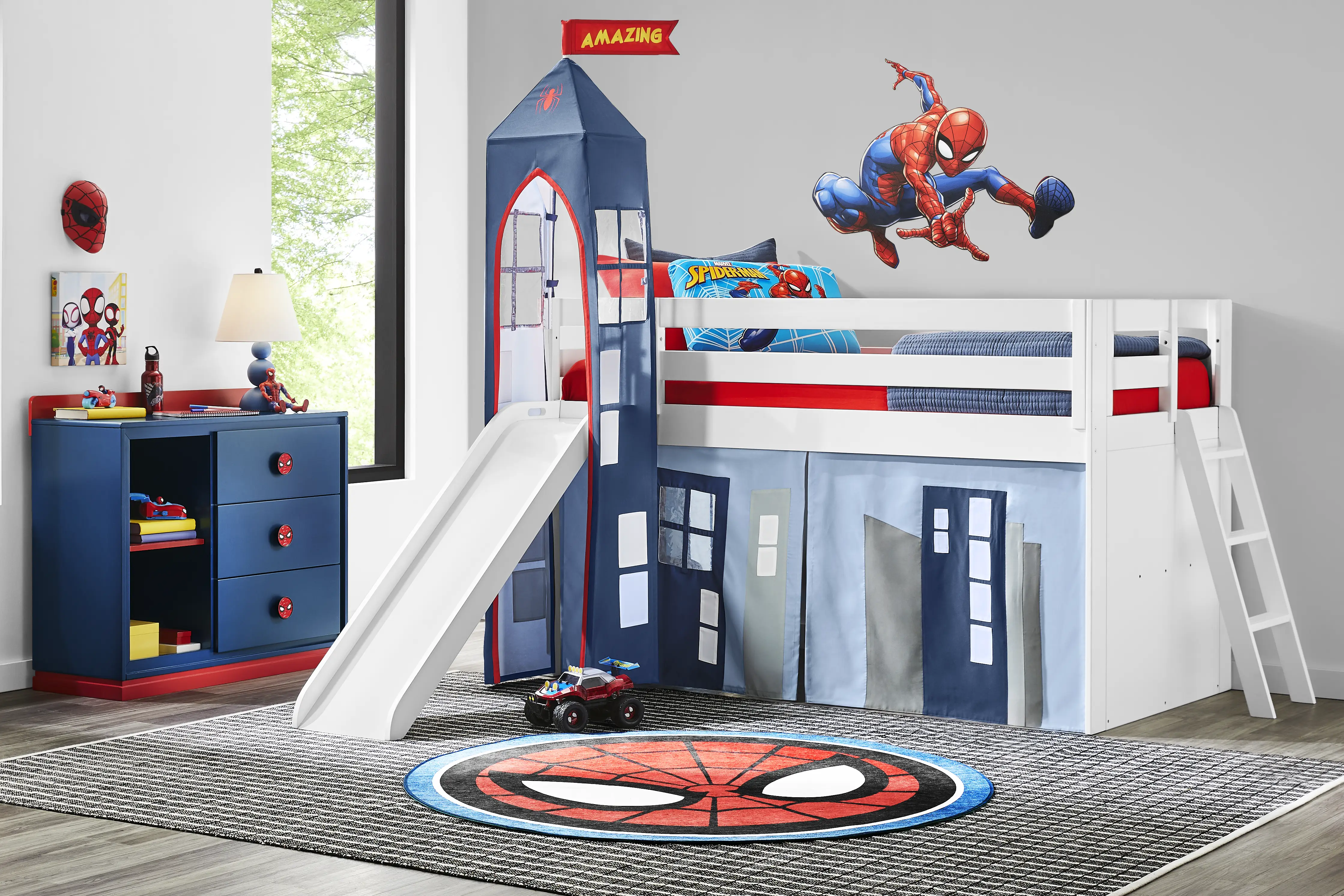 Spider-Man White Twin Low Loft with Slide - Thumbnail - Image 1