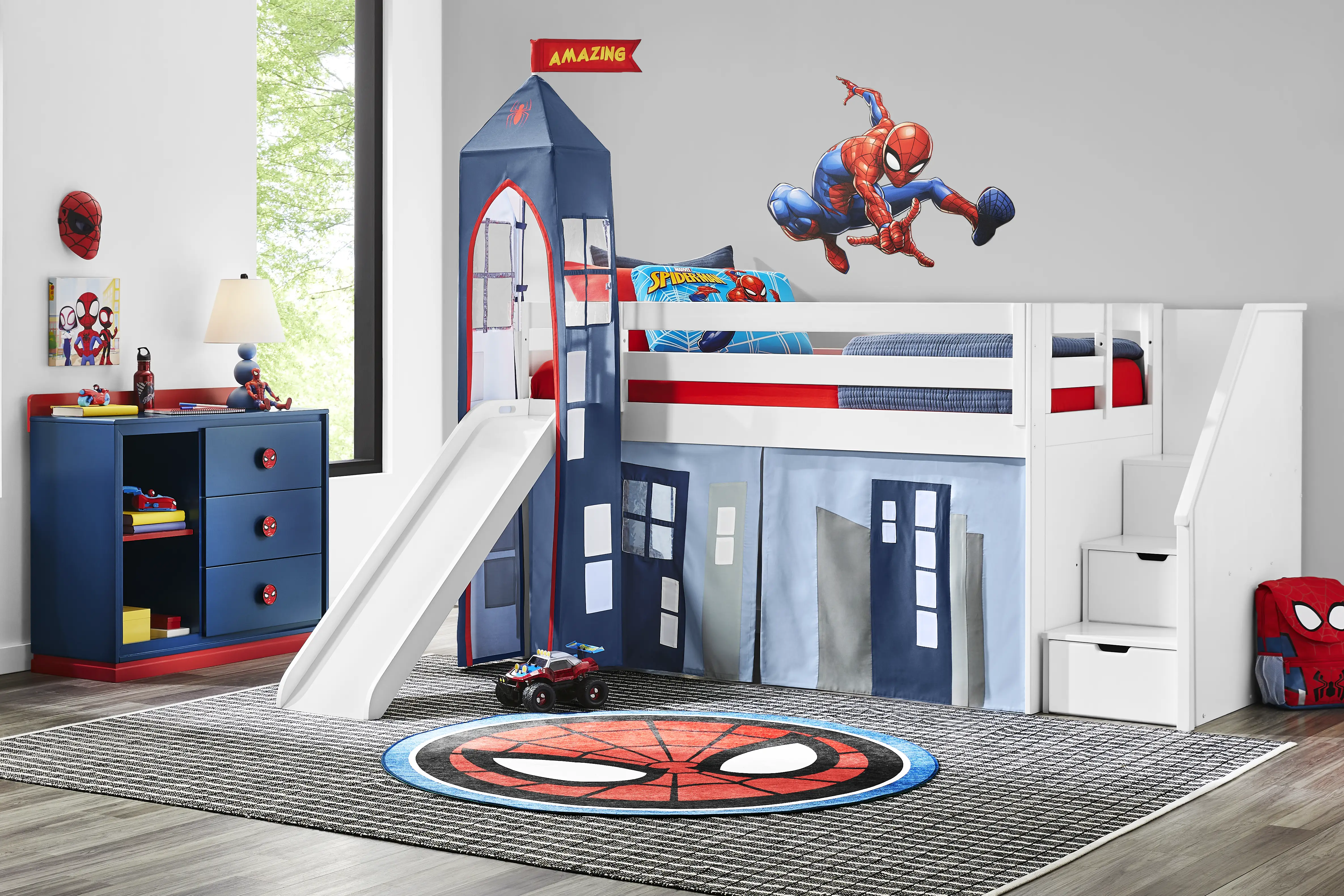 Spider-Man White Twin Low Step Loft with Slide - Thumbnail - Image 1