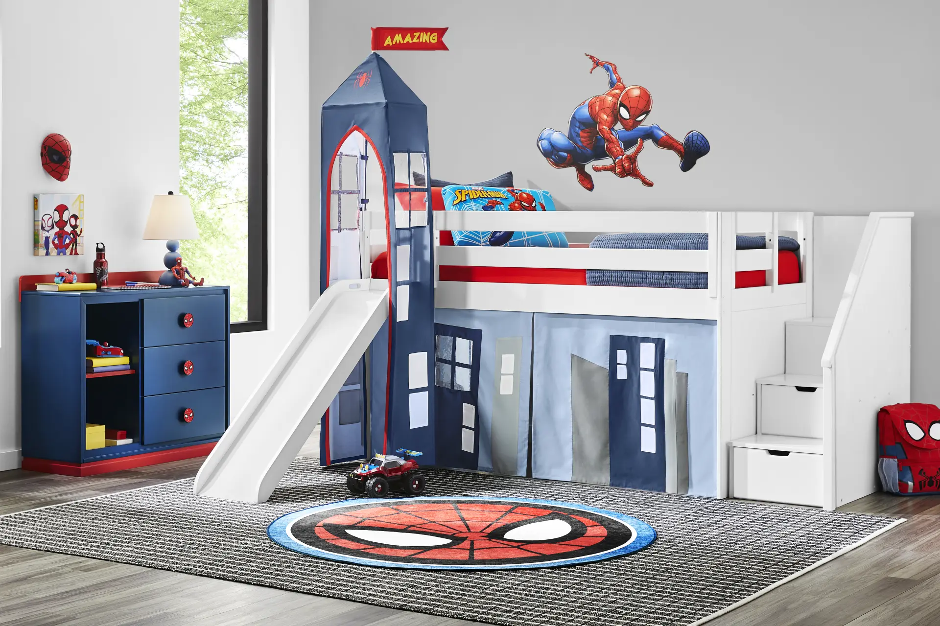 Spider-Man White Twin Low Step Loft with Slide