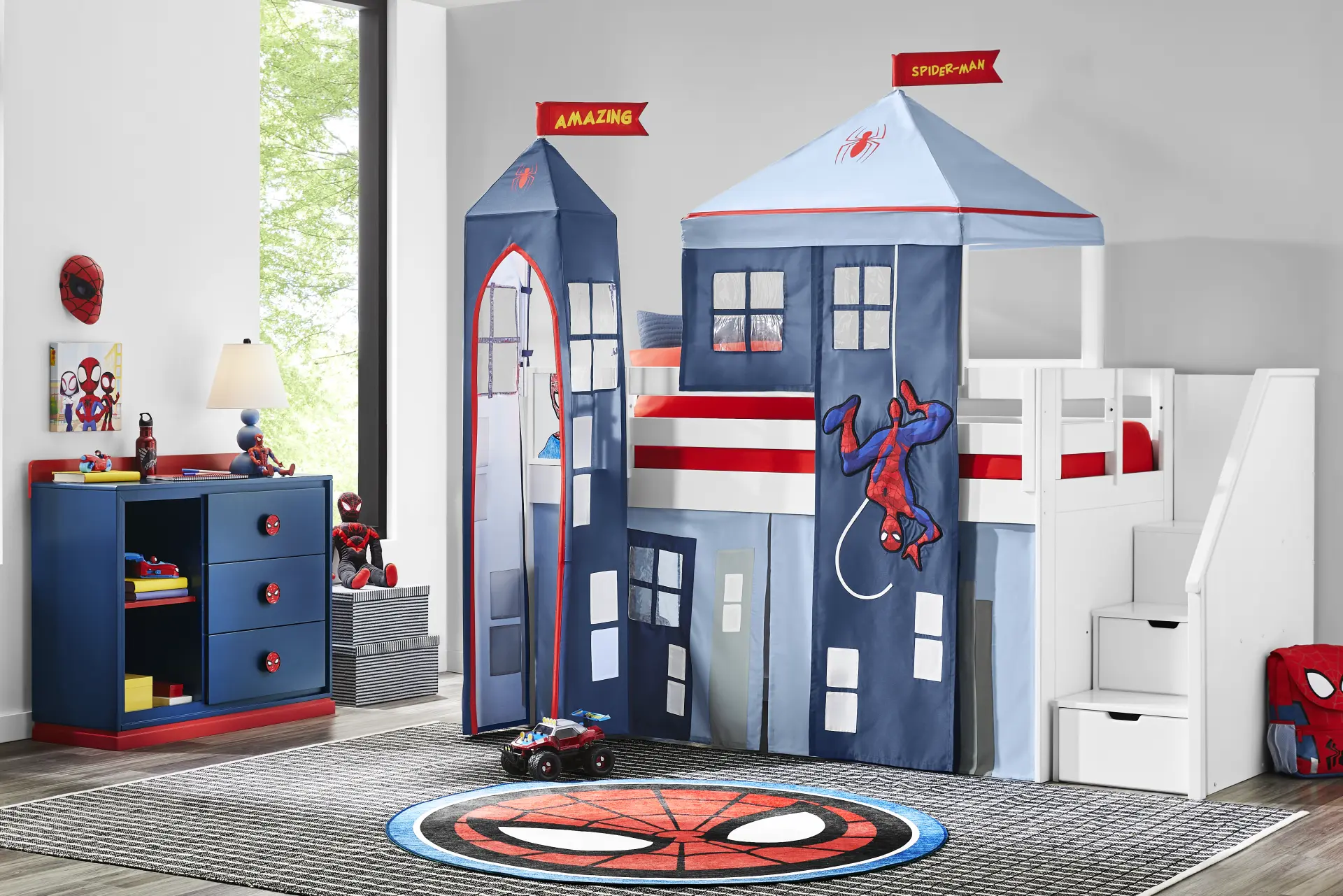 Spider-Man White Twin Low Step Loft with Activity Panel, Tent & Tower