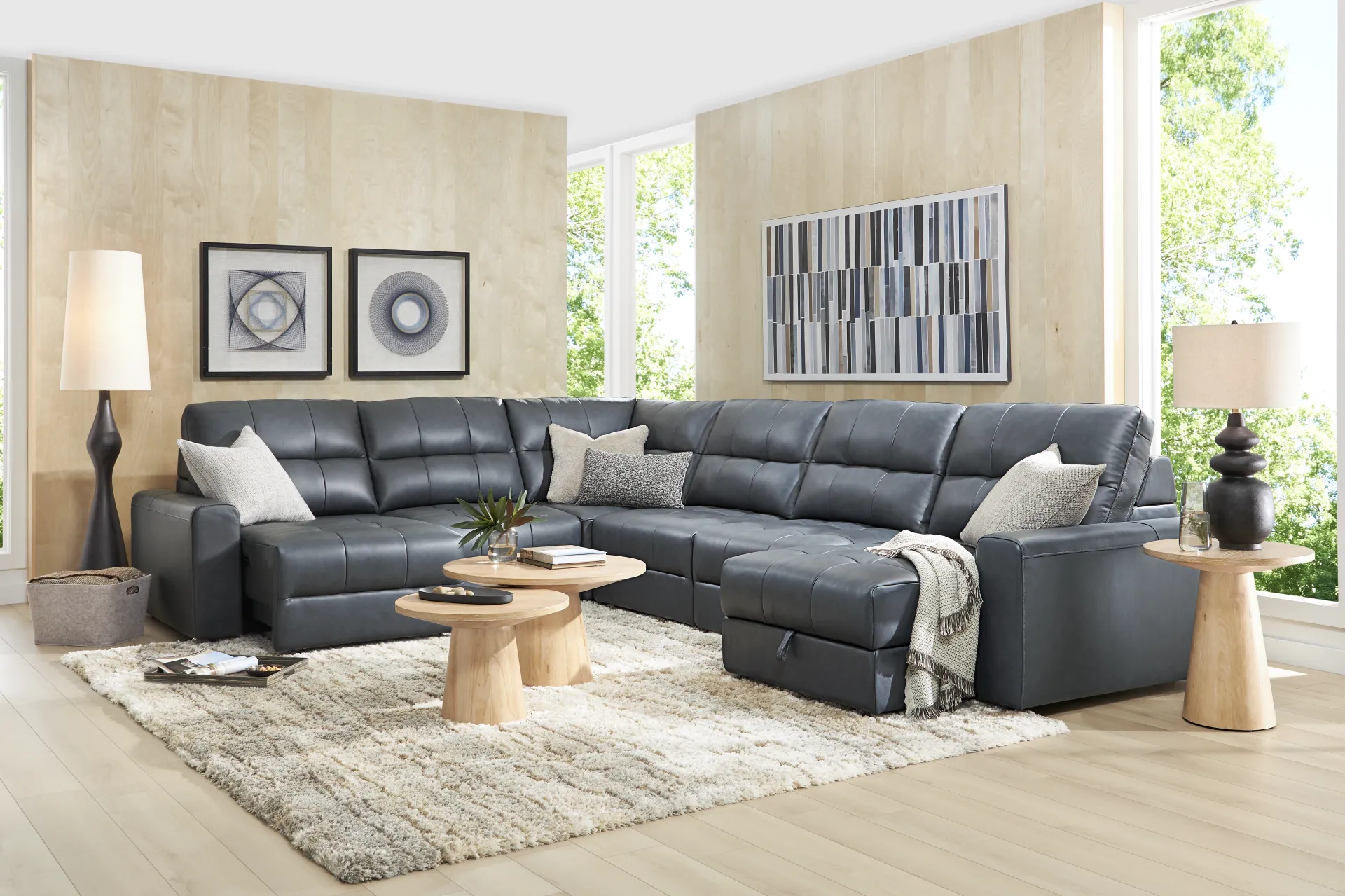 Meriwether Slate Blue Leather 6 Pc Power Slider Sectional - Image 10