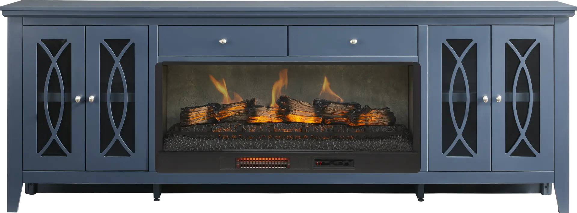 Abbie II Blue 93 in. Console with Electric Log Fireplace