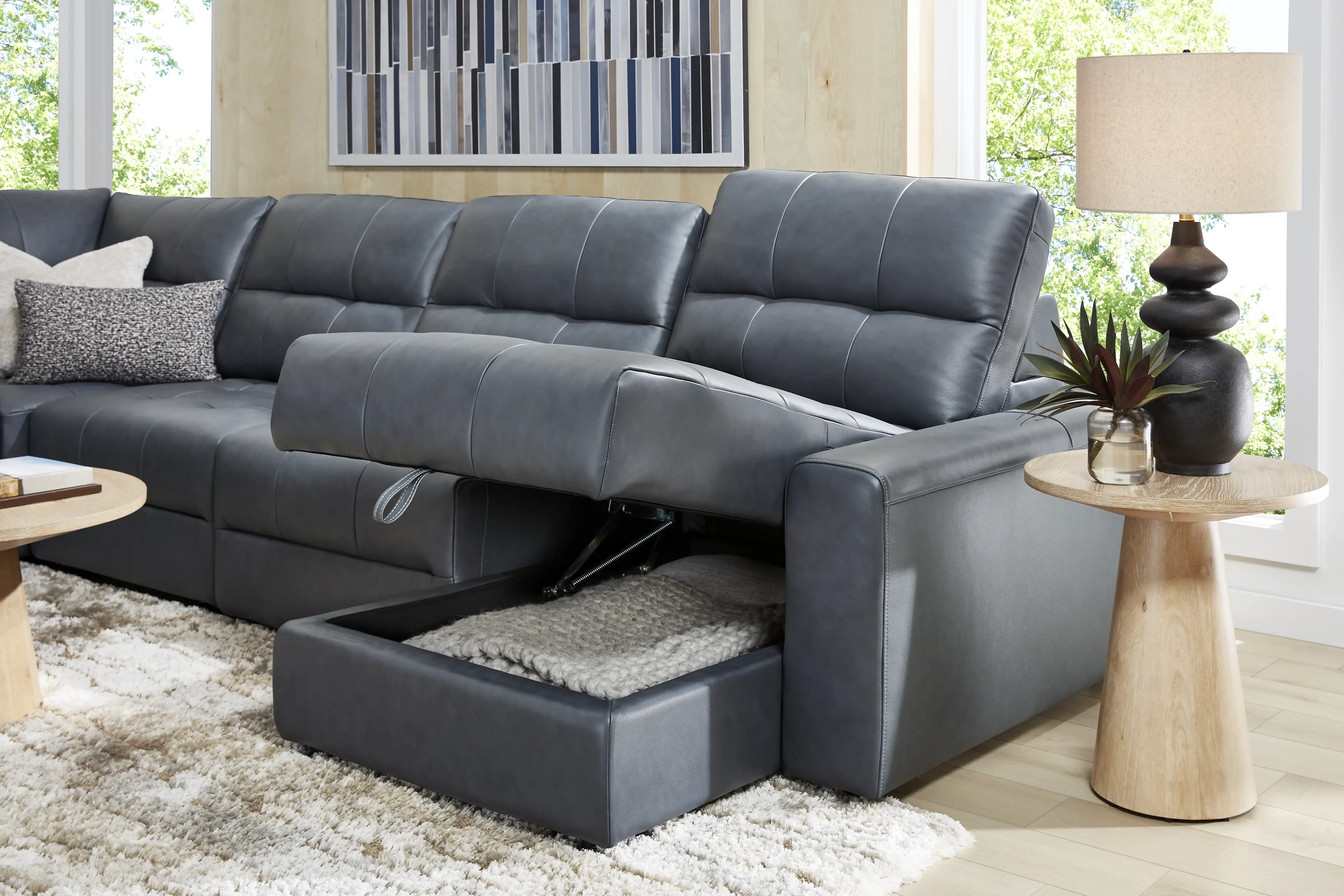 Meriwether Slate Blue Leather 6 Pc Power Slider Sectional - Image 8