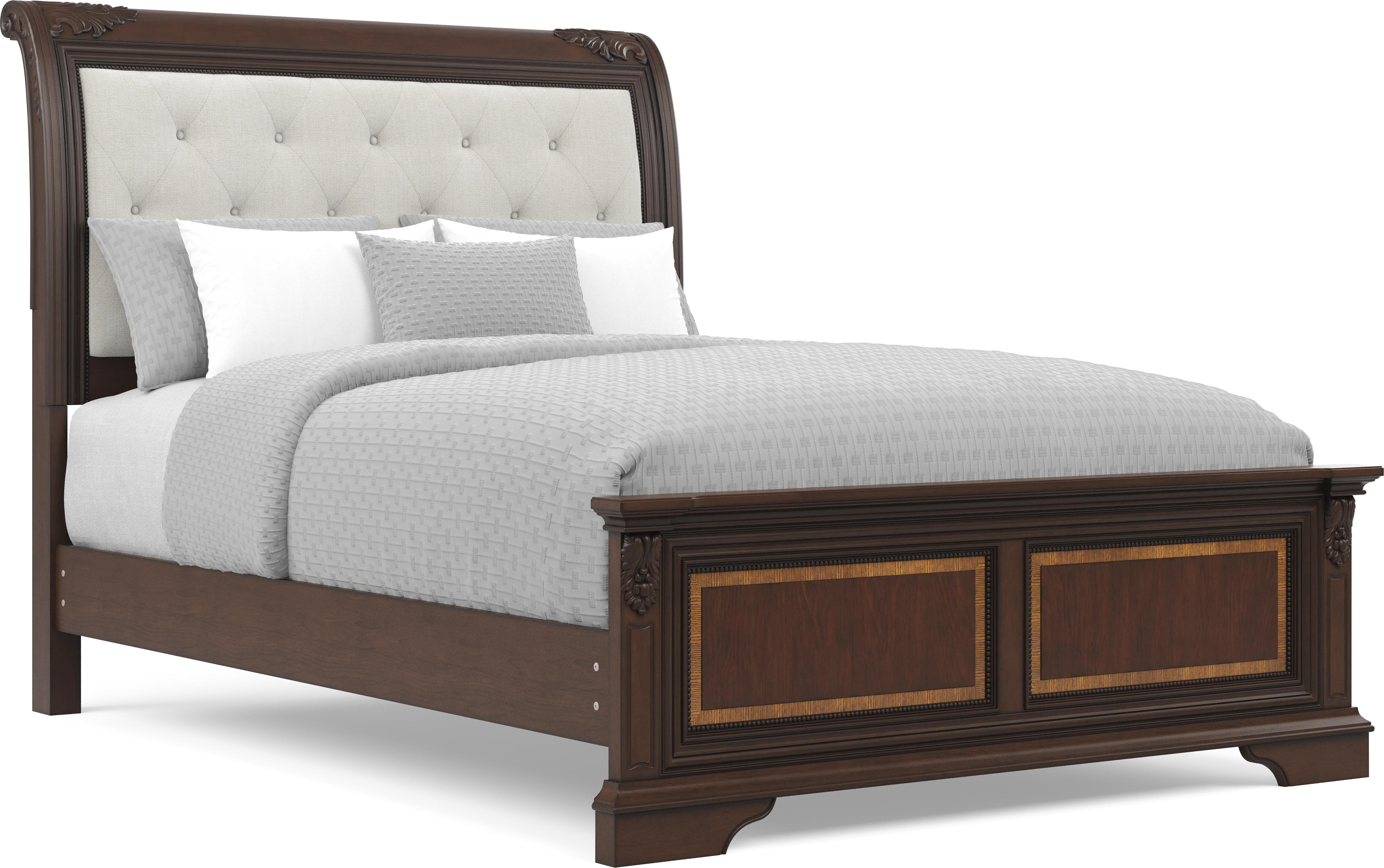 Fuller Brown Cherry Finish 3 Pc Queen Upholstered Sleigh Bed - Thumbnail - Image 1