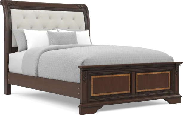 Fuller Brown Cherry Finish 3 Pc Queen Upholstered Sleigh Bed
