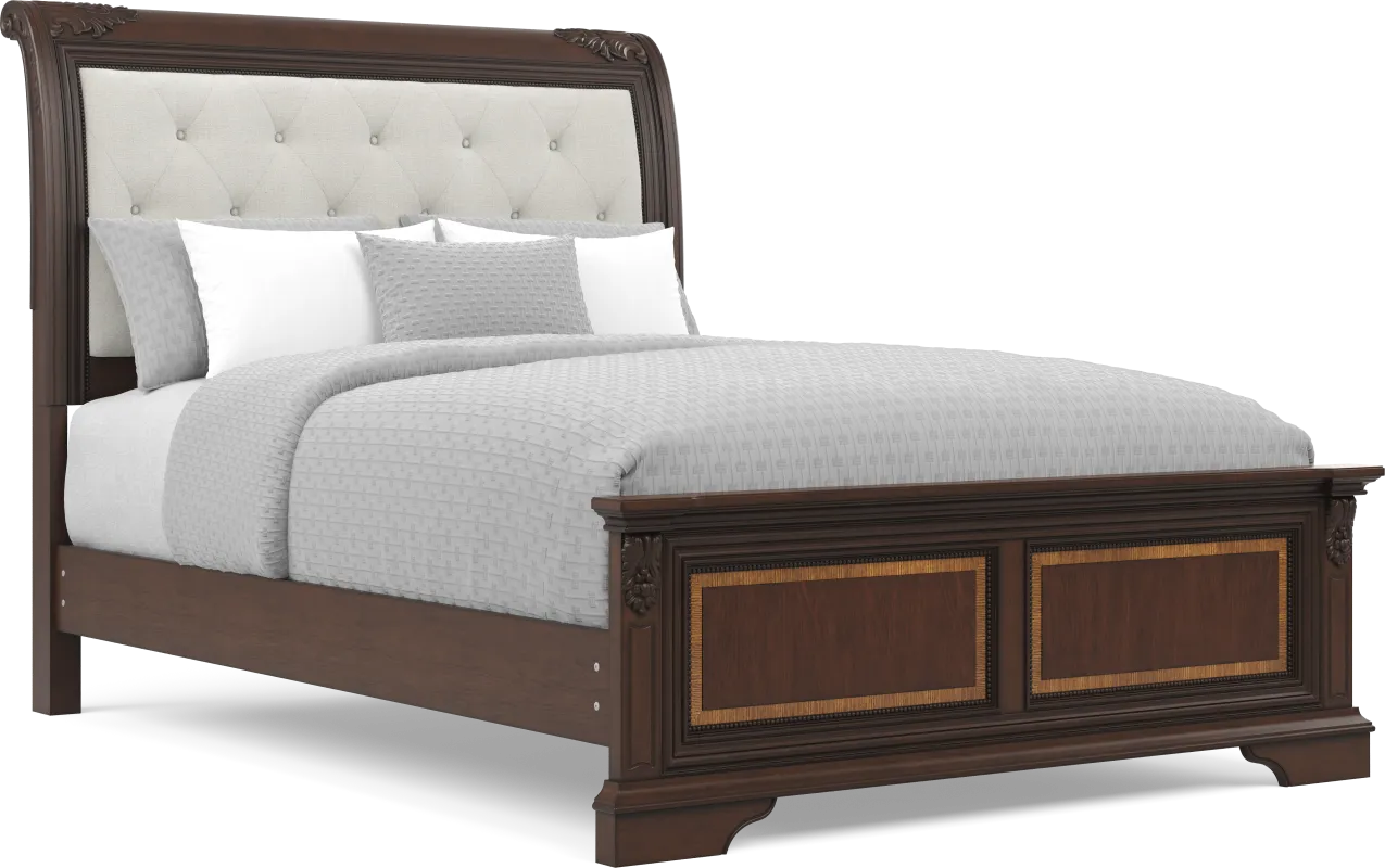 Fuller Brown Cherry Finish 3 Pc Queen Upholstered Sleigh Bed