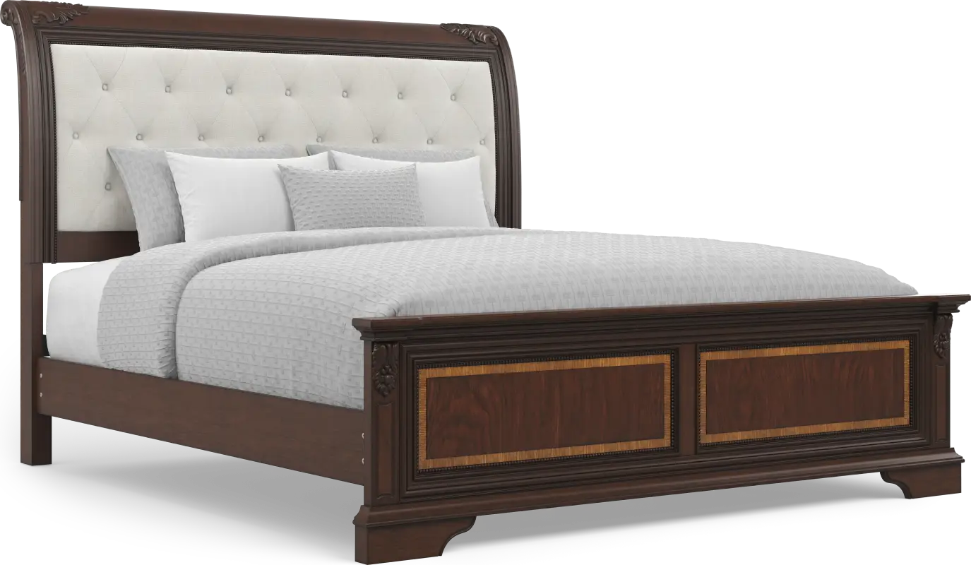 Fuller Brown Cherry Finish 3 Pc King Upholstered Sleigh Bed