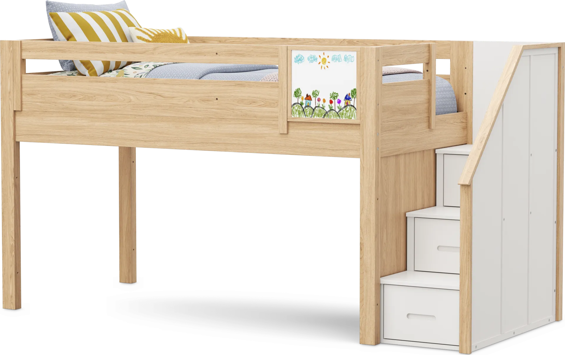 Kids Hidden Hills Light Oak Twin Low Loft with Steps and Activity Panel - Image 1
