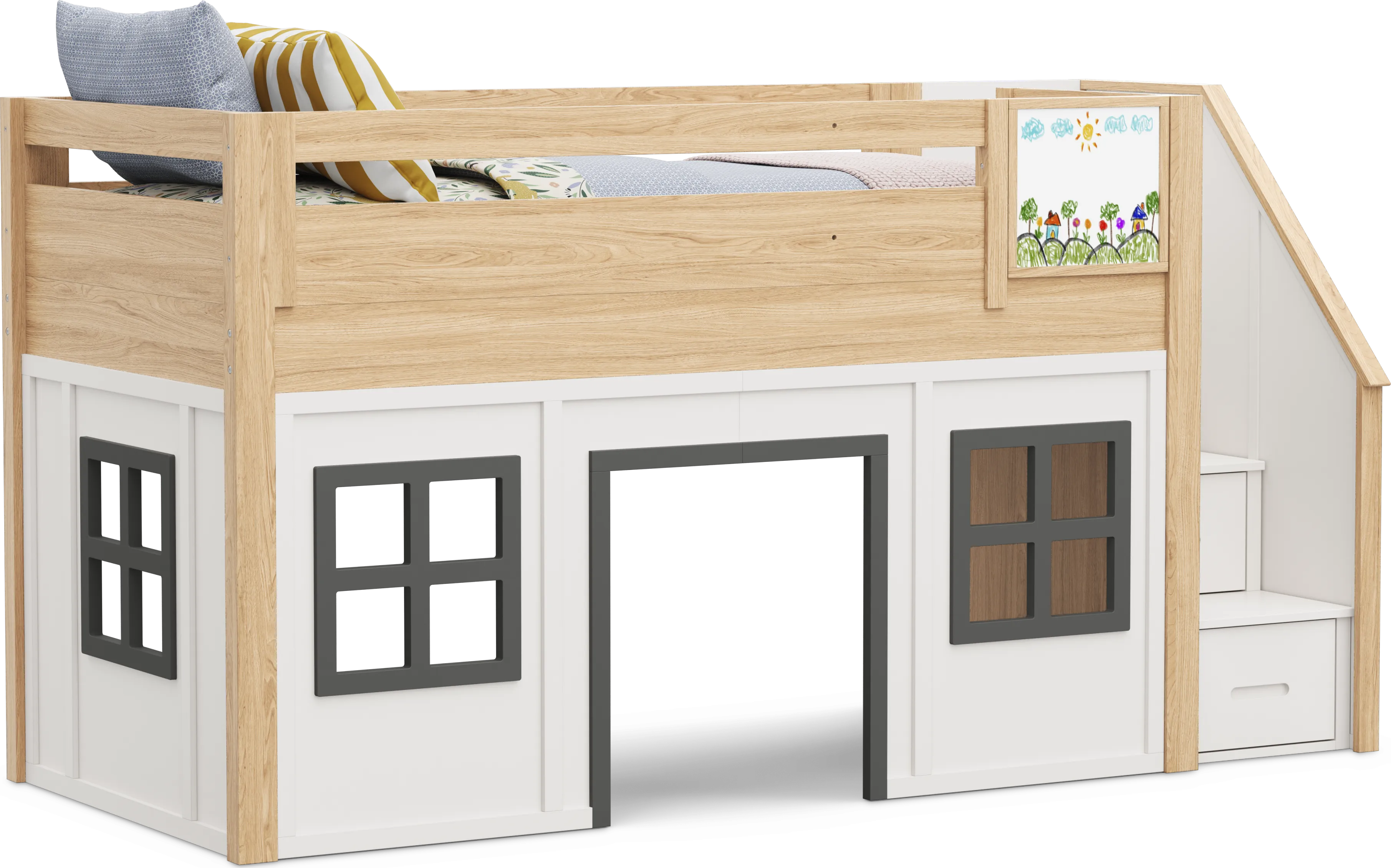 Kids Hidden Hills Light Oak Twin Low Loft Clubhouse with Steps and Activity Panel - Thumbnail - Image 1
