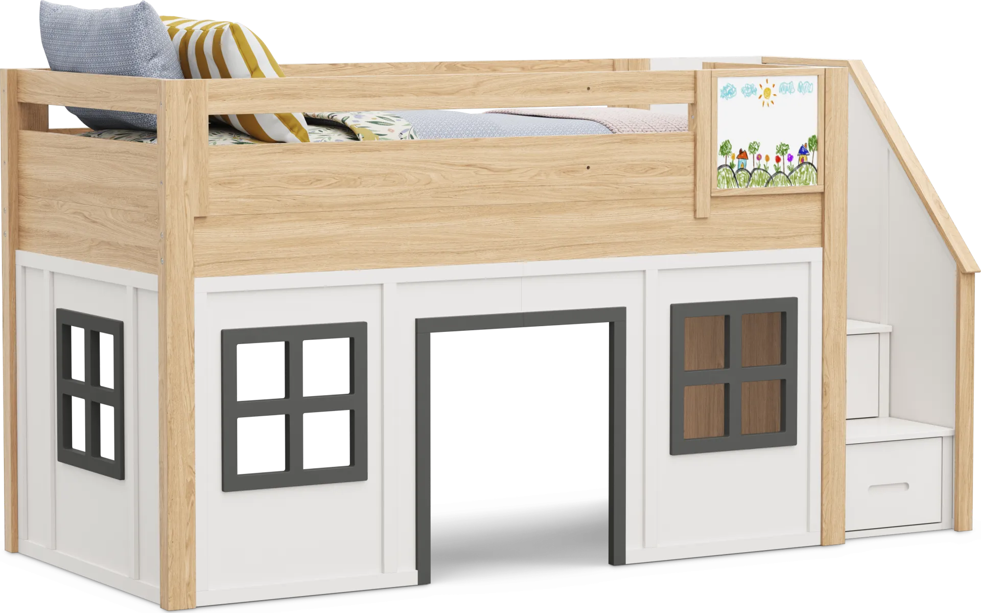 Kids Hidden Hills Light Oak Twin Low Loft Clubhouse with Steps and Activity Panel - Image 1