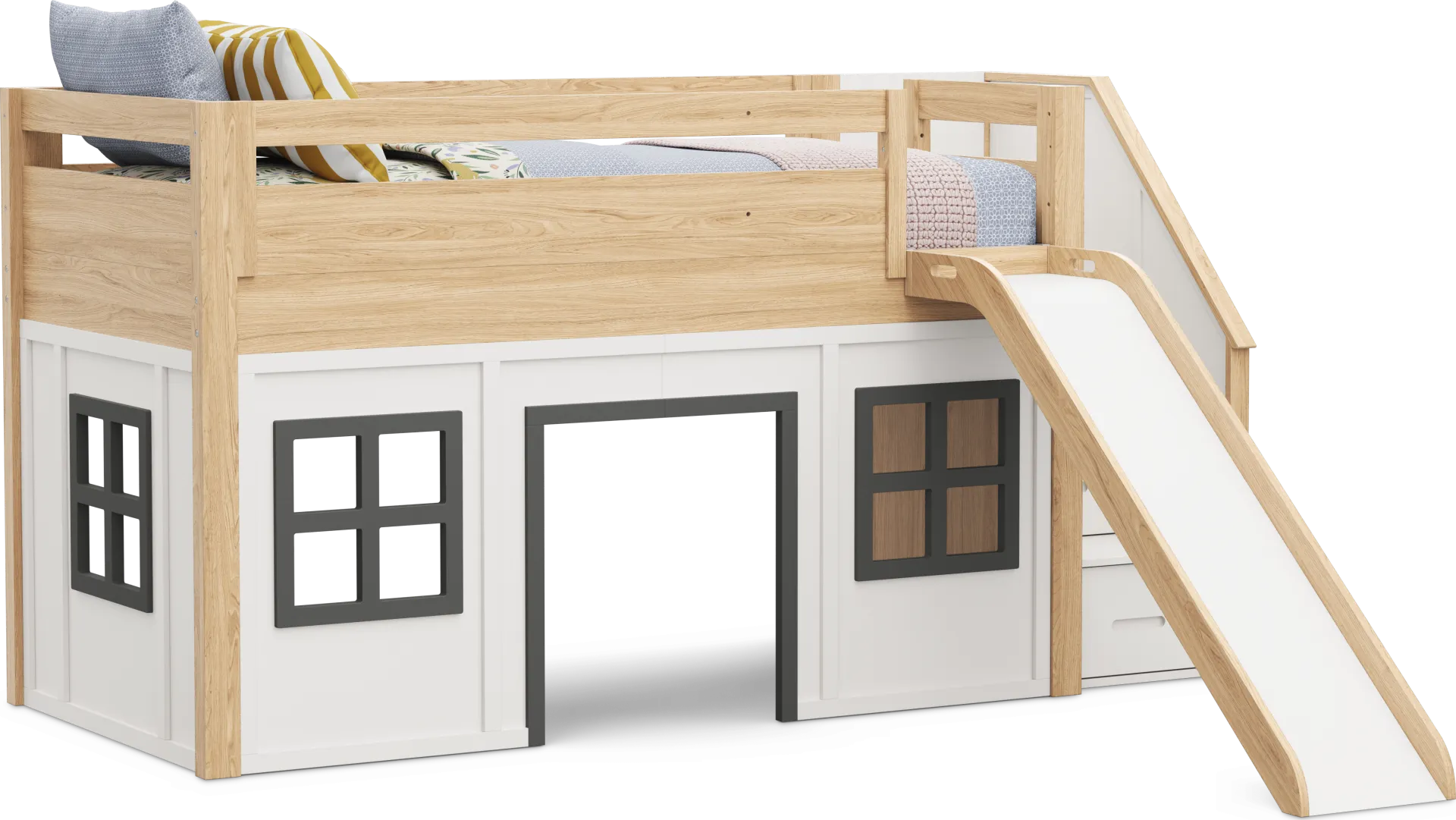 Kids Hidden Hills Light Oak Twin Low Loft Clubhouse with Steps and Slide - Image 2