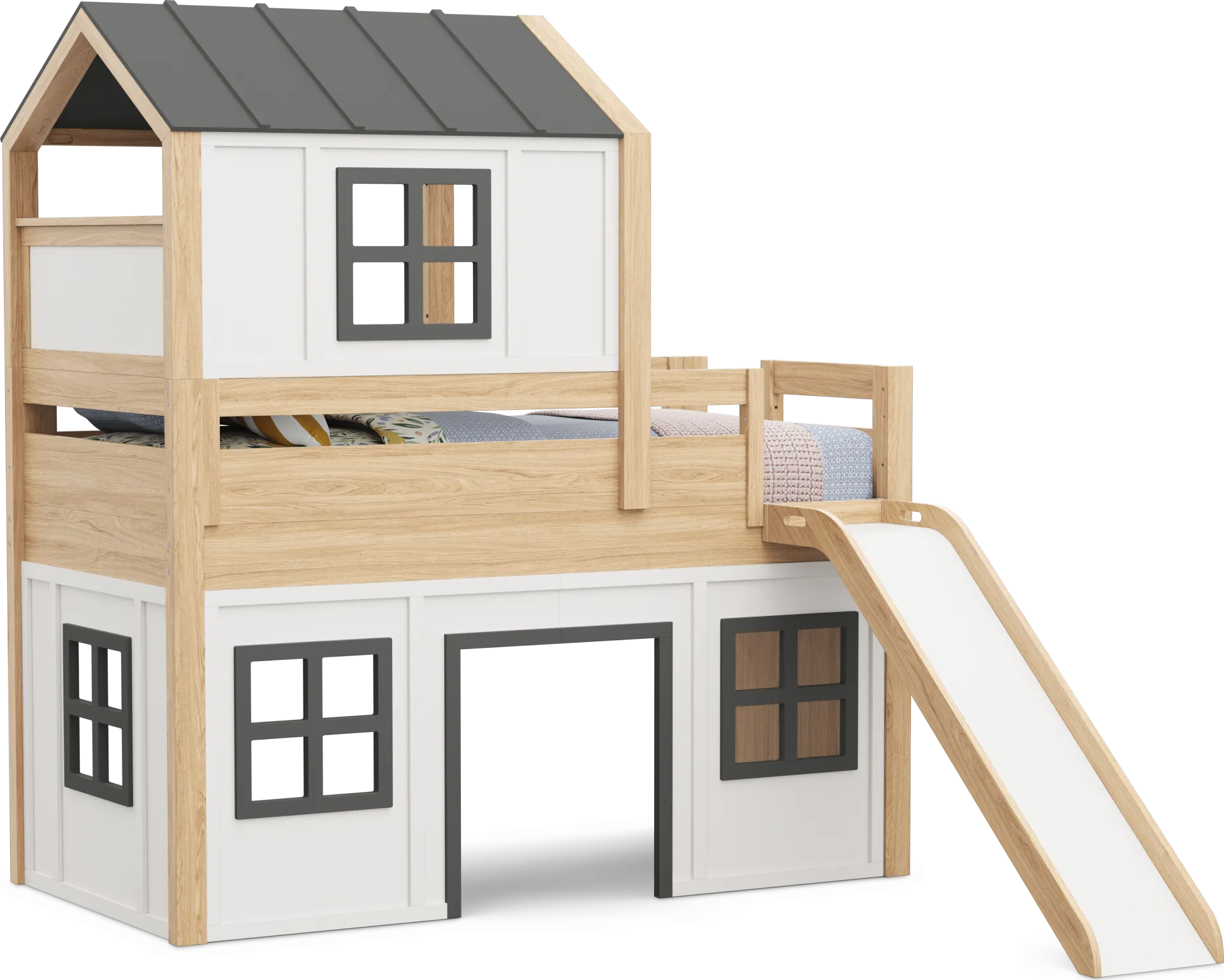 Kids Hidden Hills Light Oak Twin Low Loft Treehouse with Slide - Image 1