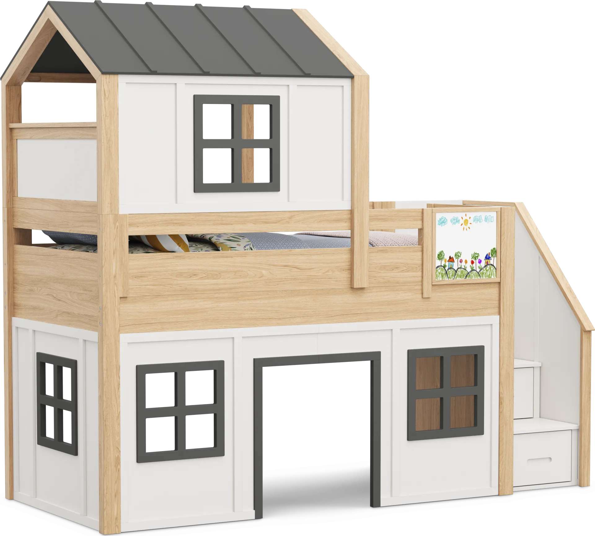 Kids Hidden Hills Light Oak Twin Low Loft Treehouse with Steps and Activity Panel - Image 1