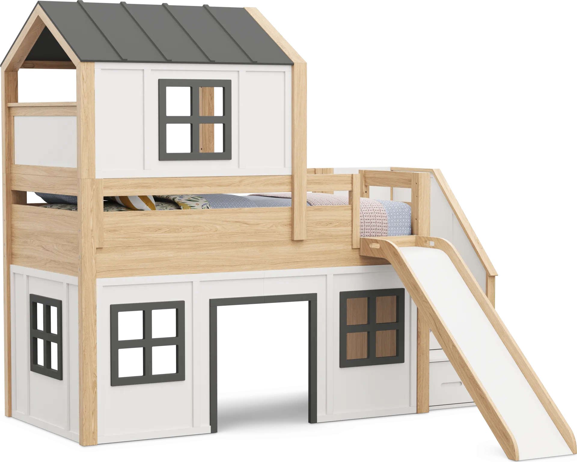 Kids Hidden Hills Light Oak Twin Low Loft Treehouse with Steps and Slide - Image 1