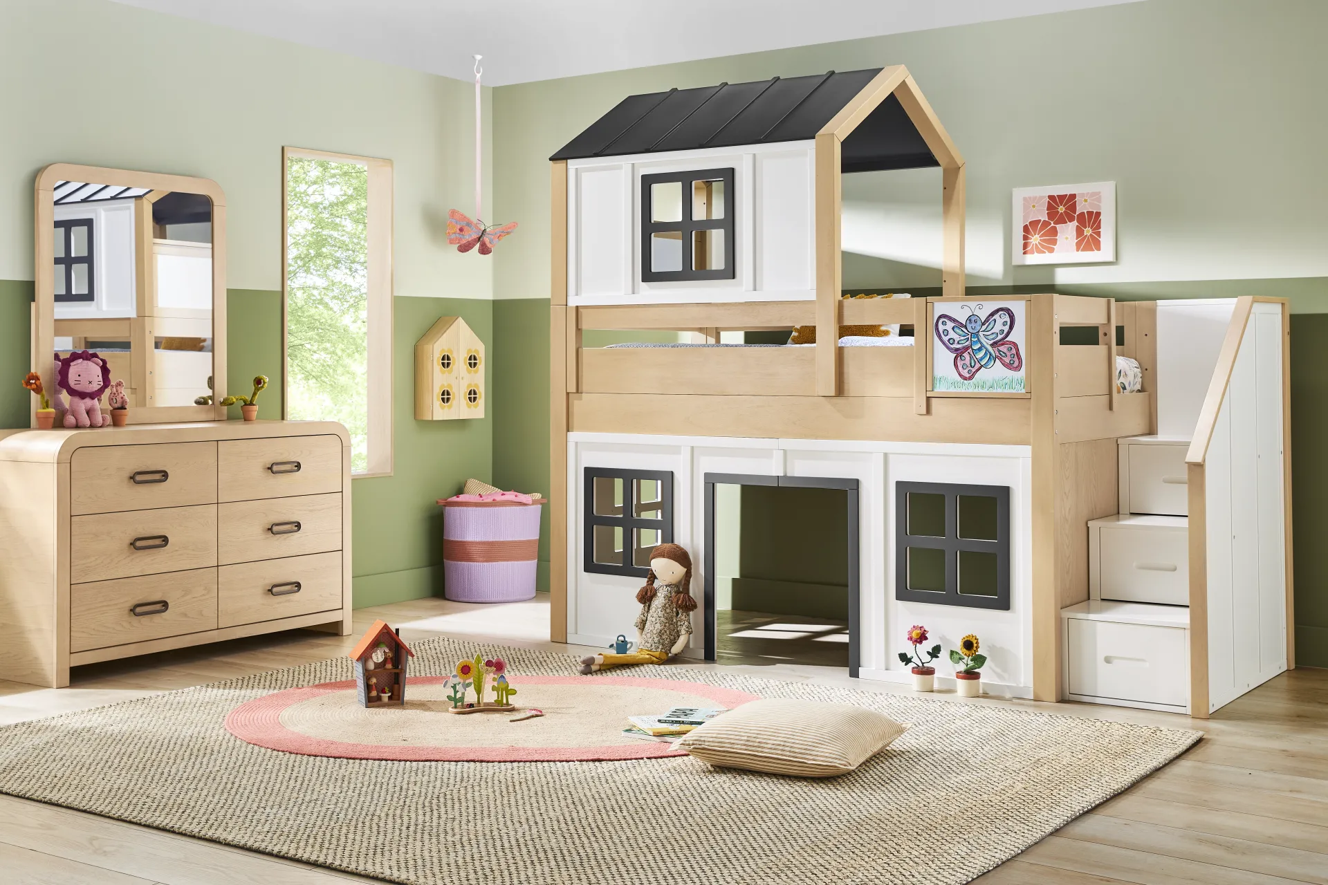 Kids Hidden Hills Light Oak Twin Low Loft Treehouse with Steps and Activity Panel - Image 2