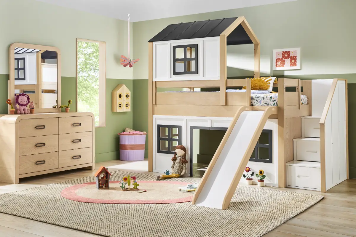 Kids Hidden Hills Light Oak Twin Low Loft Treehouse with Steps and Slide