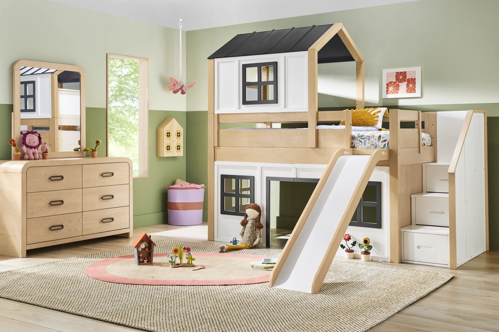 Kids Hidden Hills Light Oak Twin Low Loft Treehouse with Steps and Slide - Image 2