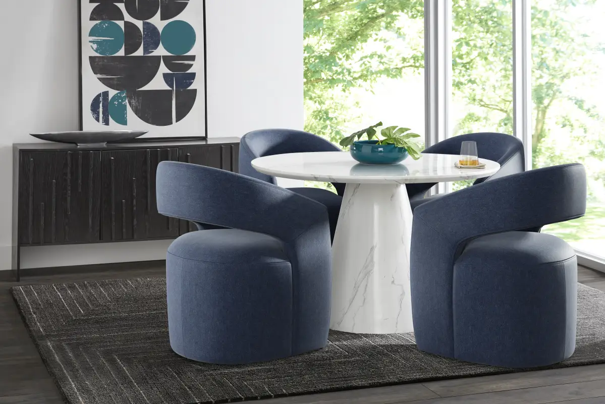 Orlena White 5 Pc Round Dining Room with Navy Side Chairs