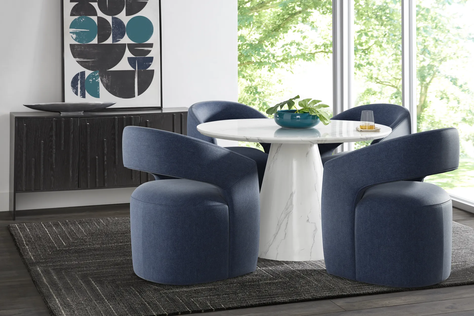 Orlena White 5 Pc Round Dining Room with Navy Side Chairs - Image 1
