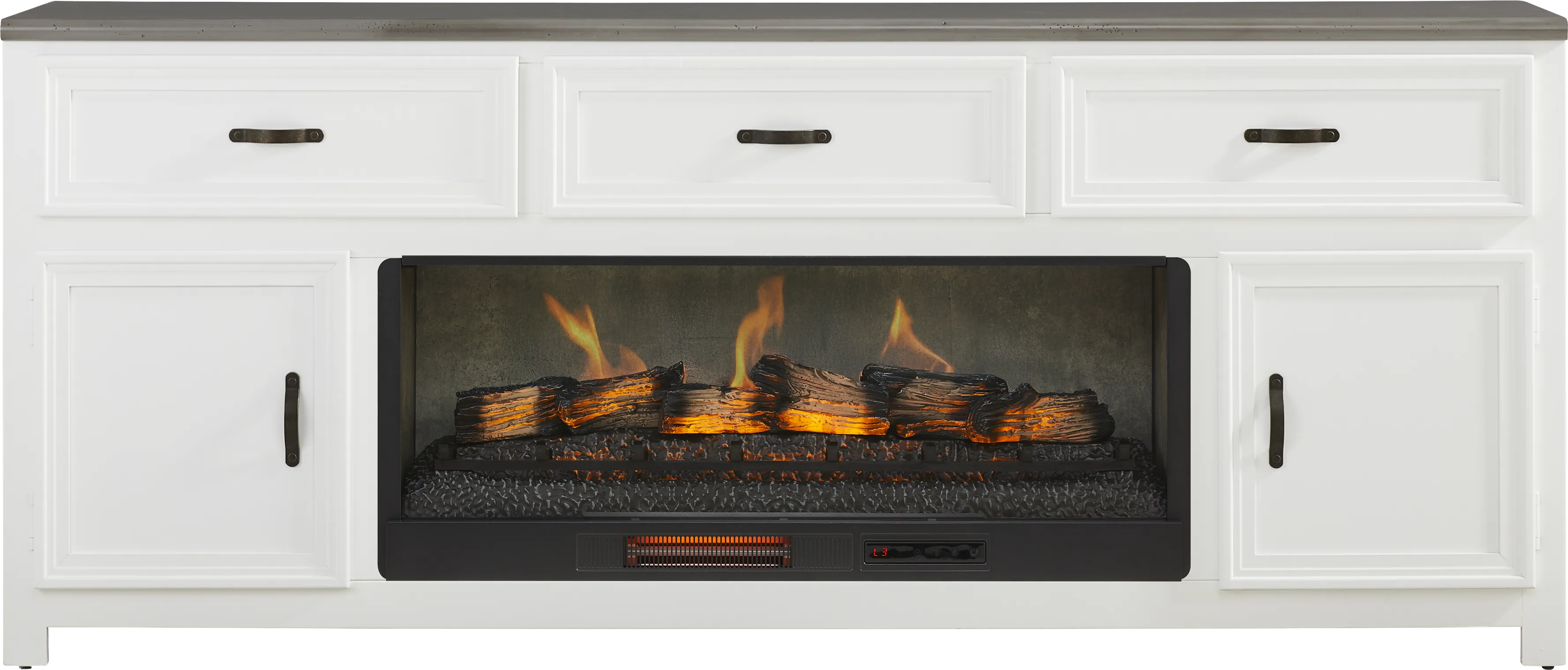 Hollow Ridge White 84 in. Console with Electric Log Fireplace - Thumbnail - Image 1