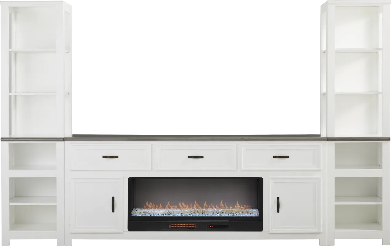 Hollow Ridge White 3 Pc Wall Unit with 84 in. Console and Electric Fireplace